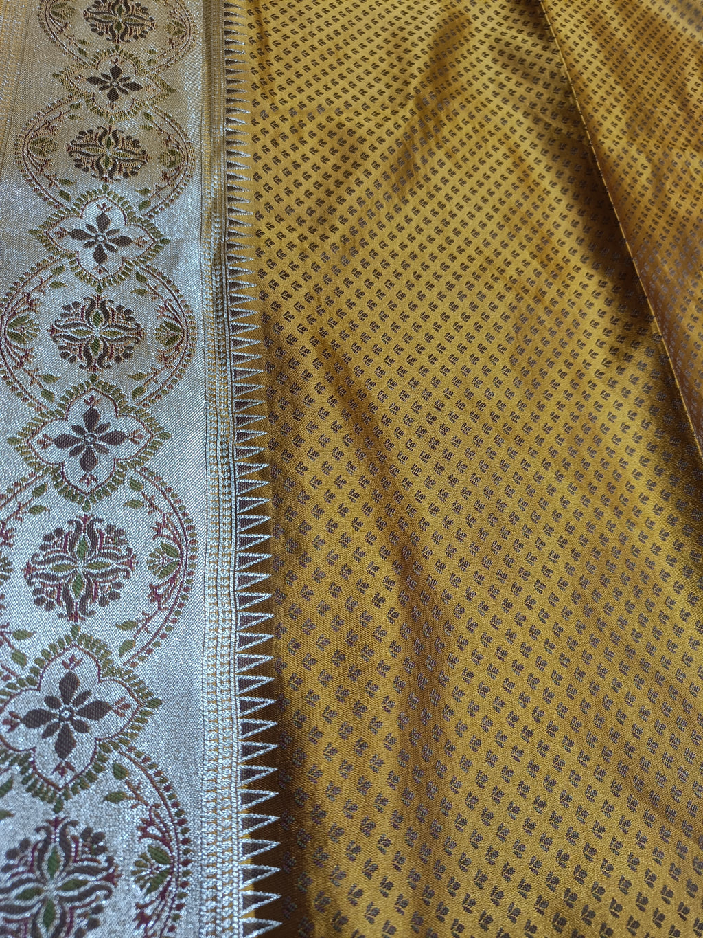 Golden Yellow & Cream Checkerboard Banarasi Satin Silk Saree