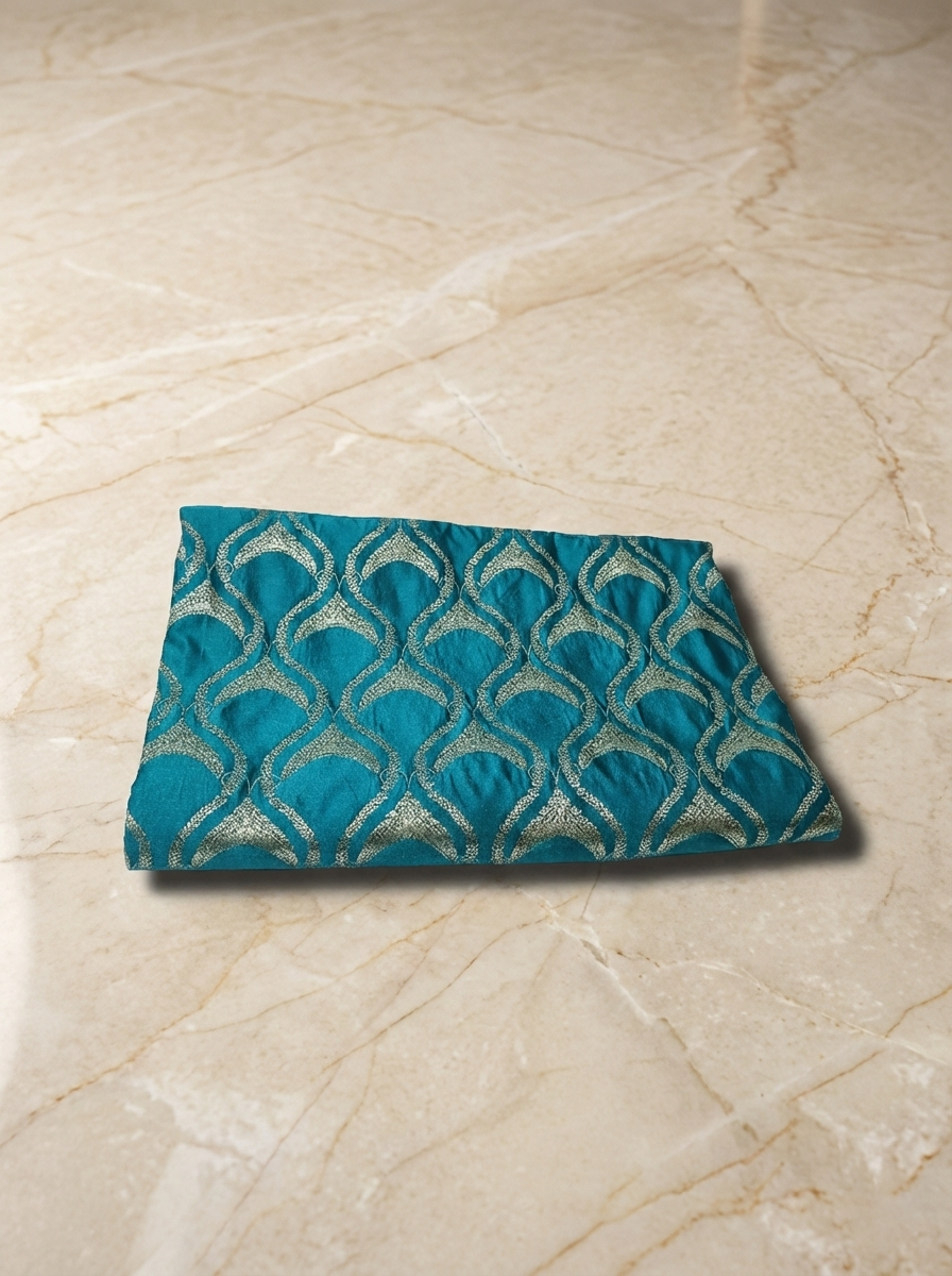 SP204 - Teal Blue Scallop Pattern Banarasi Satin Silk Saree