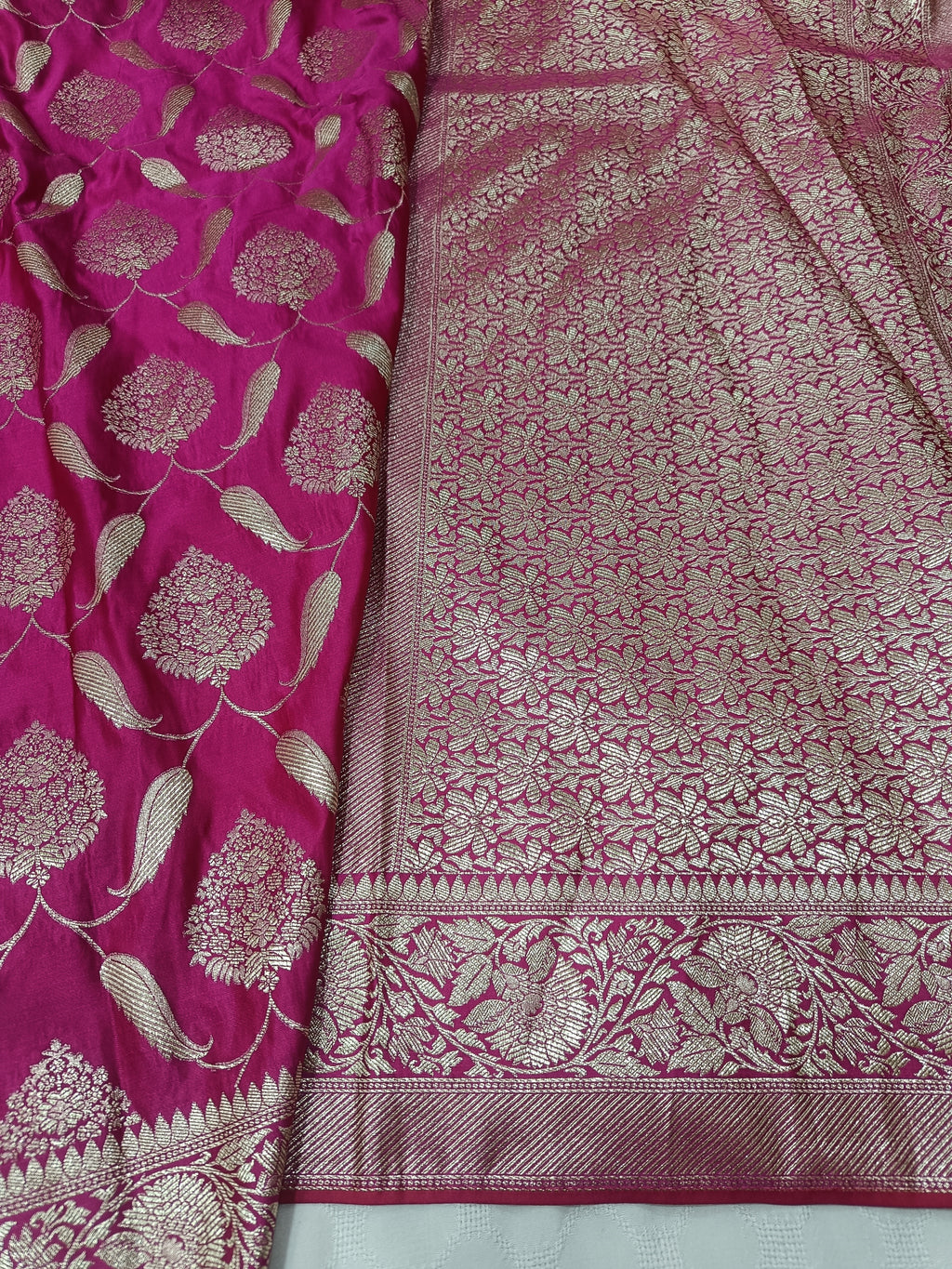 SP206 - Vivid Pink Paisley Leaf Banarasi Satin Silk Saree