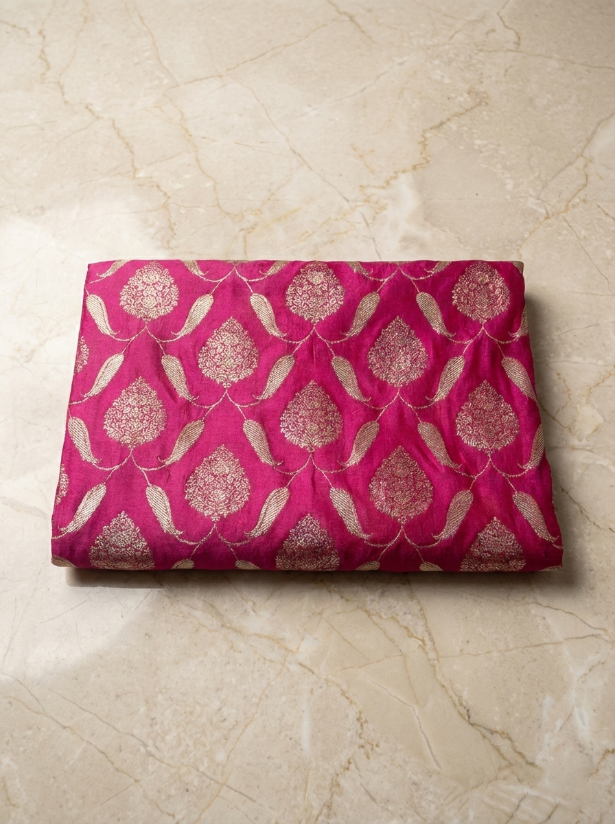 SP206 - Vivid Pink Paisley Leaf Banarasi Satin Silk Saree