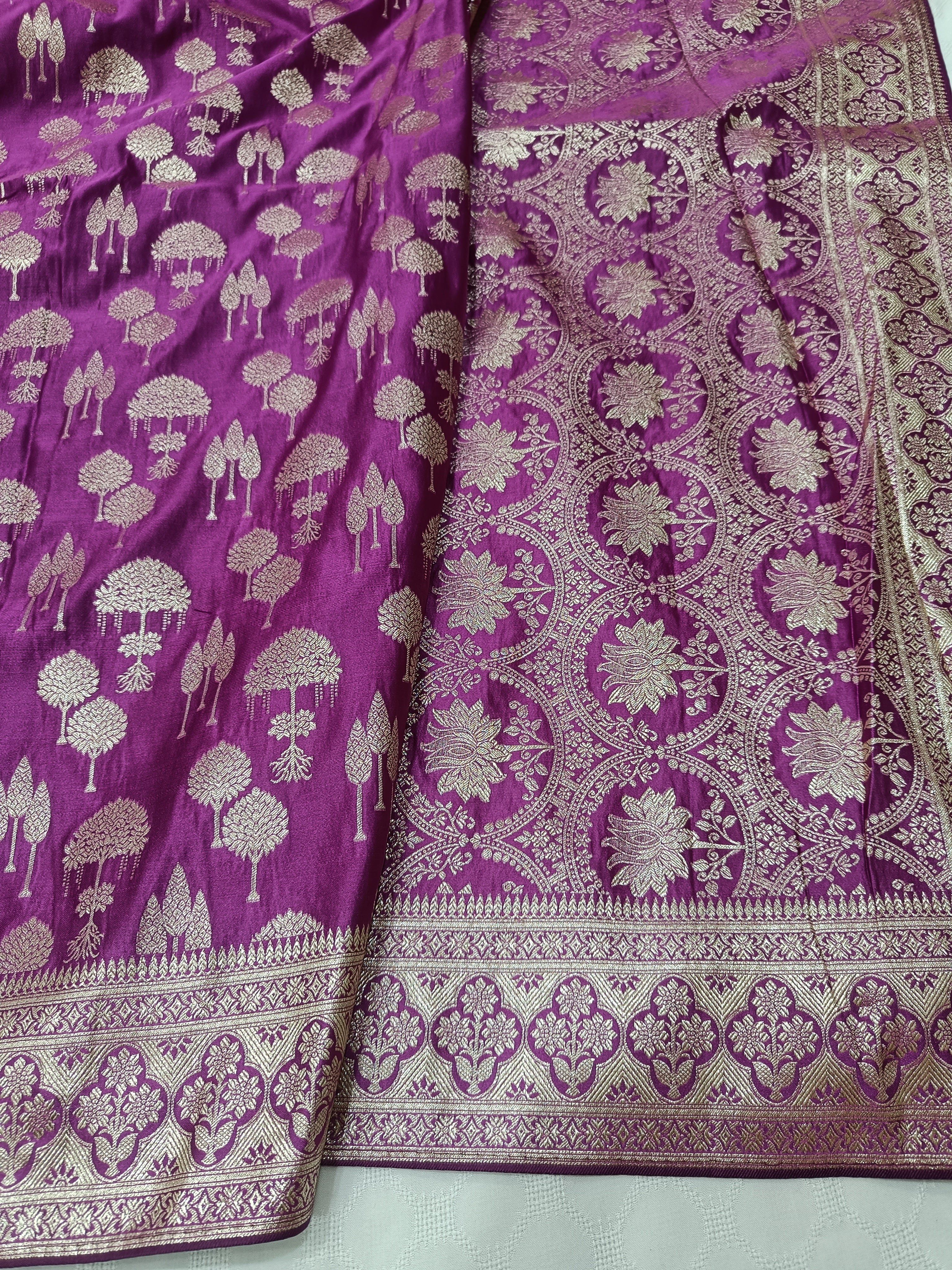 SP209 - Deep Purple Tree Motif Banarasi Satin Silk Saree