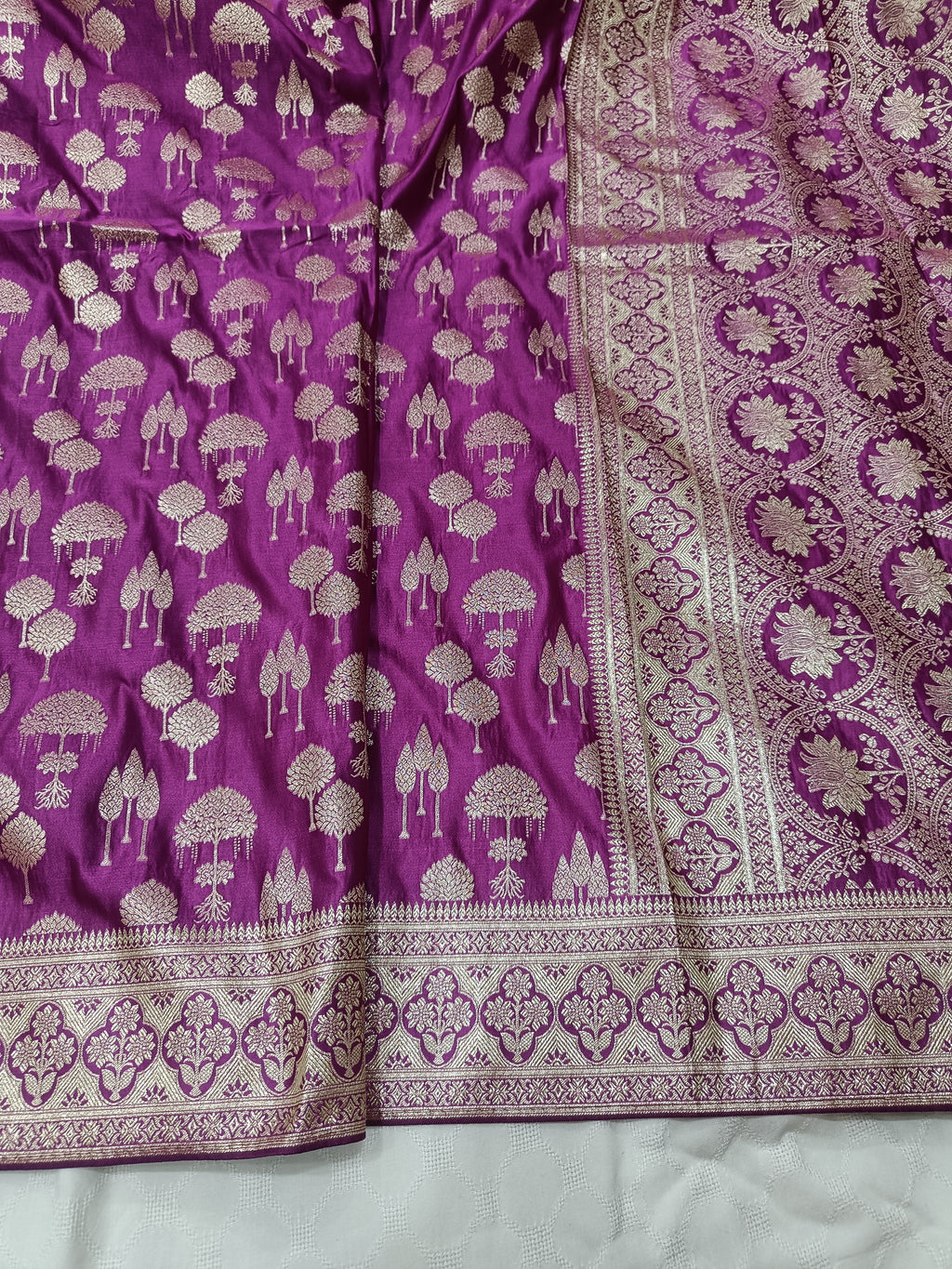 SP209 - Deep Purple Tree Motif Banarasi Satin Silk Saree