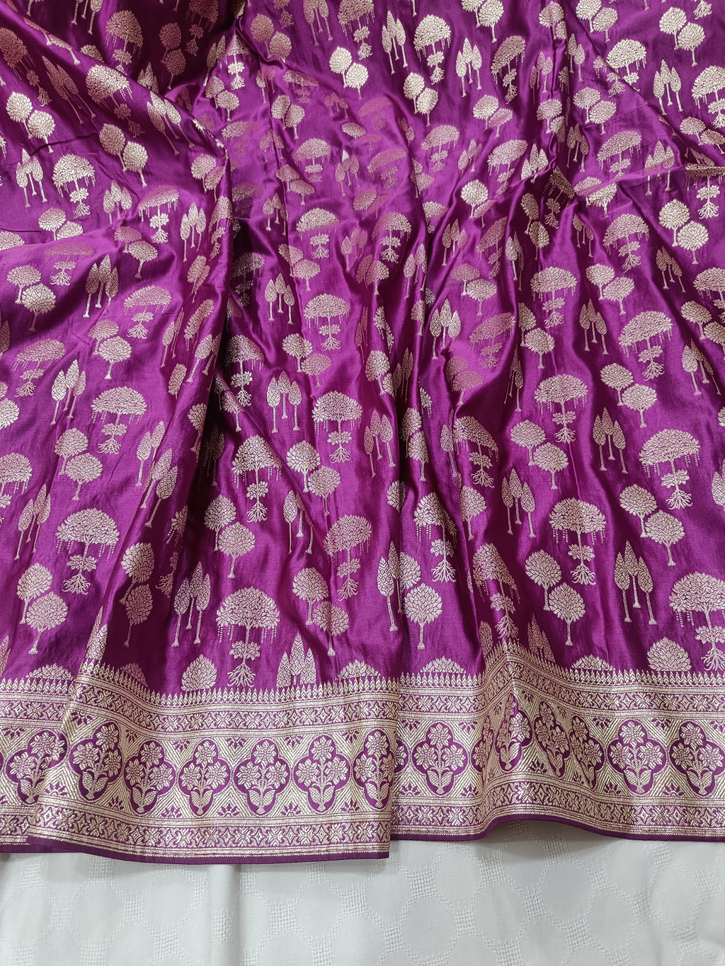 SP209 - Deep Purple Tree Motif Banarasi Satin Silk Saree