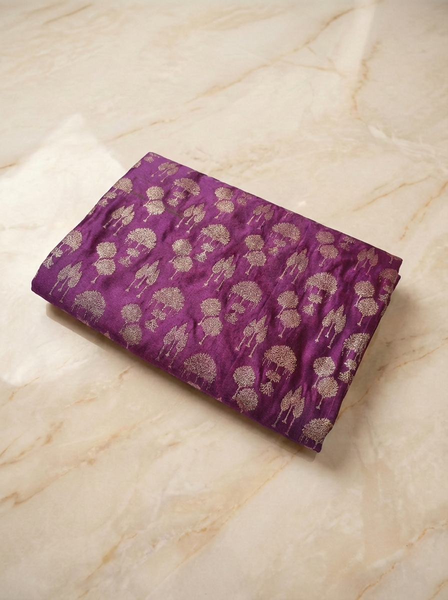 SP209 - Deep Purple Tree Motif Banarasi Satin Silk Saree