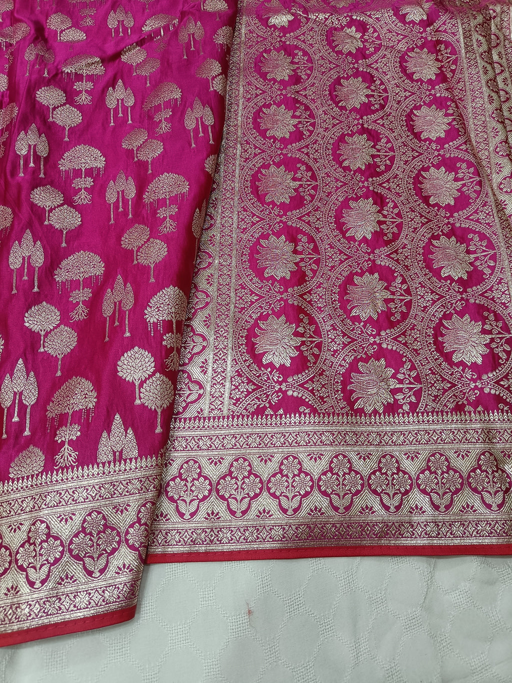 SP210 - Magenta Pink Tree Motif Banarasi Satin Silk Saree