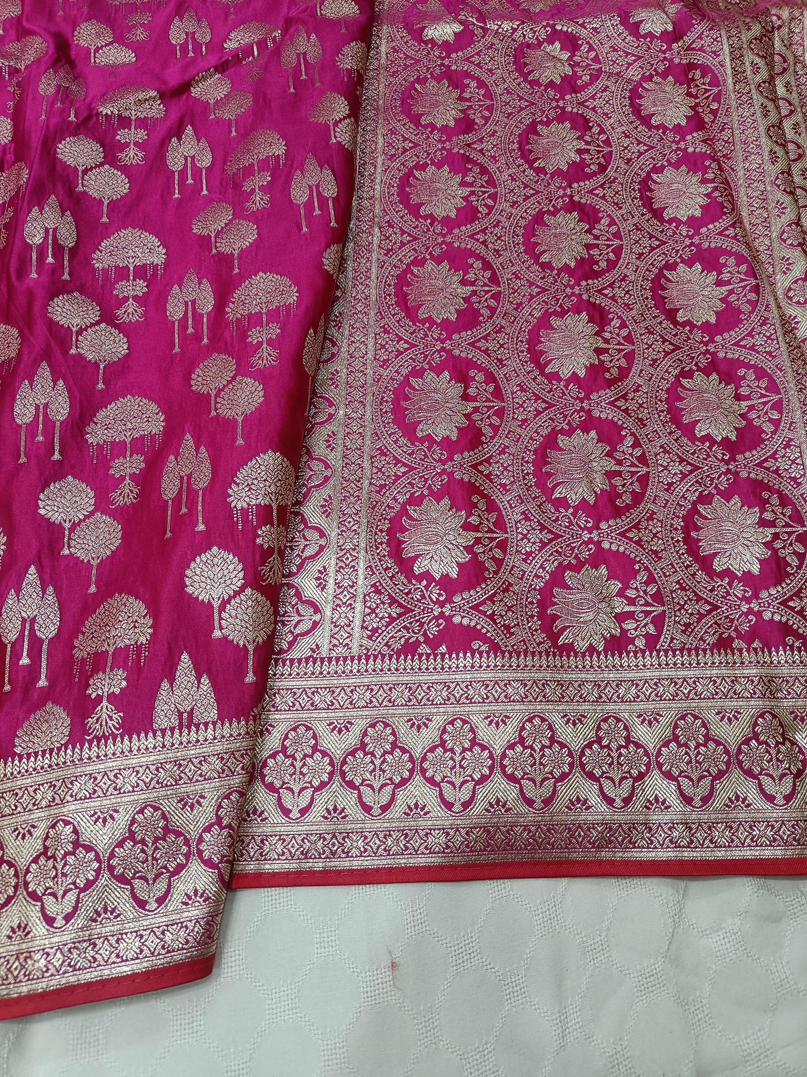 SP210 - Magenta Pink Tree Motif Banarasi Satin Silk Saree