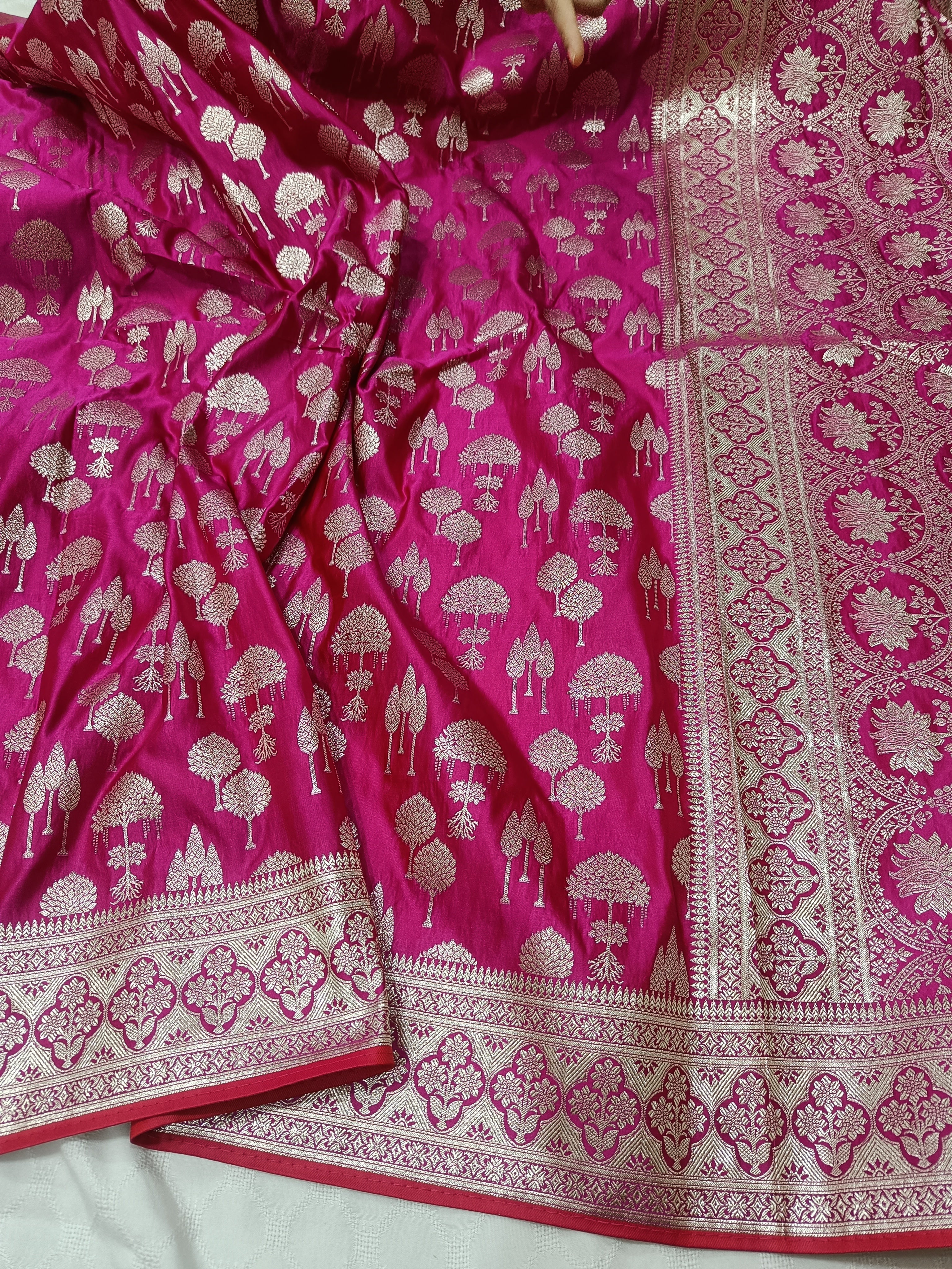 SP210 - Magenta Pink Tree Motif Banarasi Satin Silk Saree