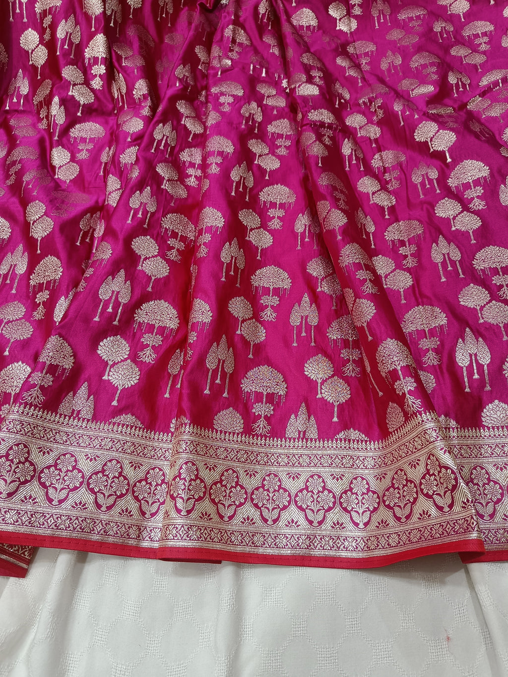 SP210 - Magenta Pink Tree Motif Banarasi Satin Silk Saree