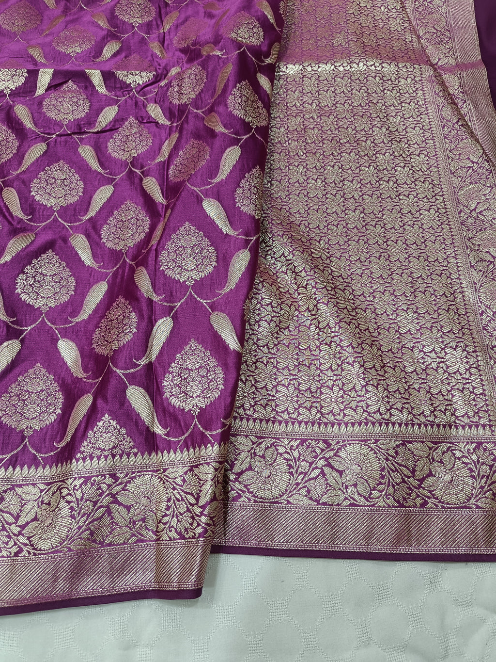 SP211 - Regal Purple Floral Vine Banarasi Satin Silk Saree