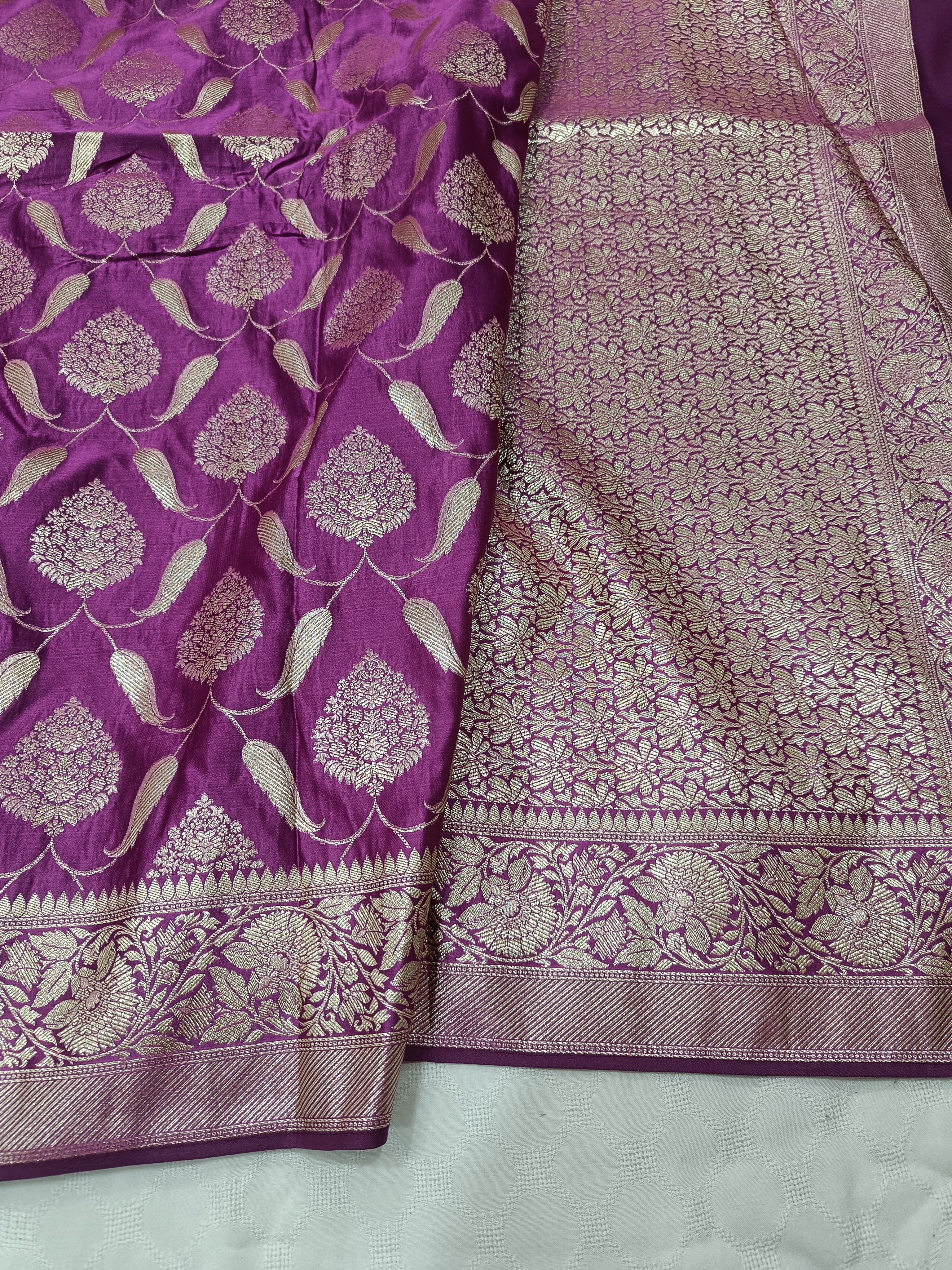 SP211 - Regal Purple Floral Vine Banarasi Satin Silk Saree