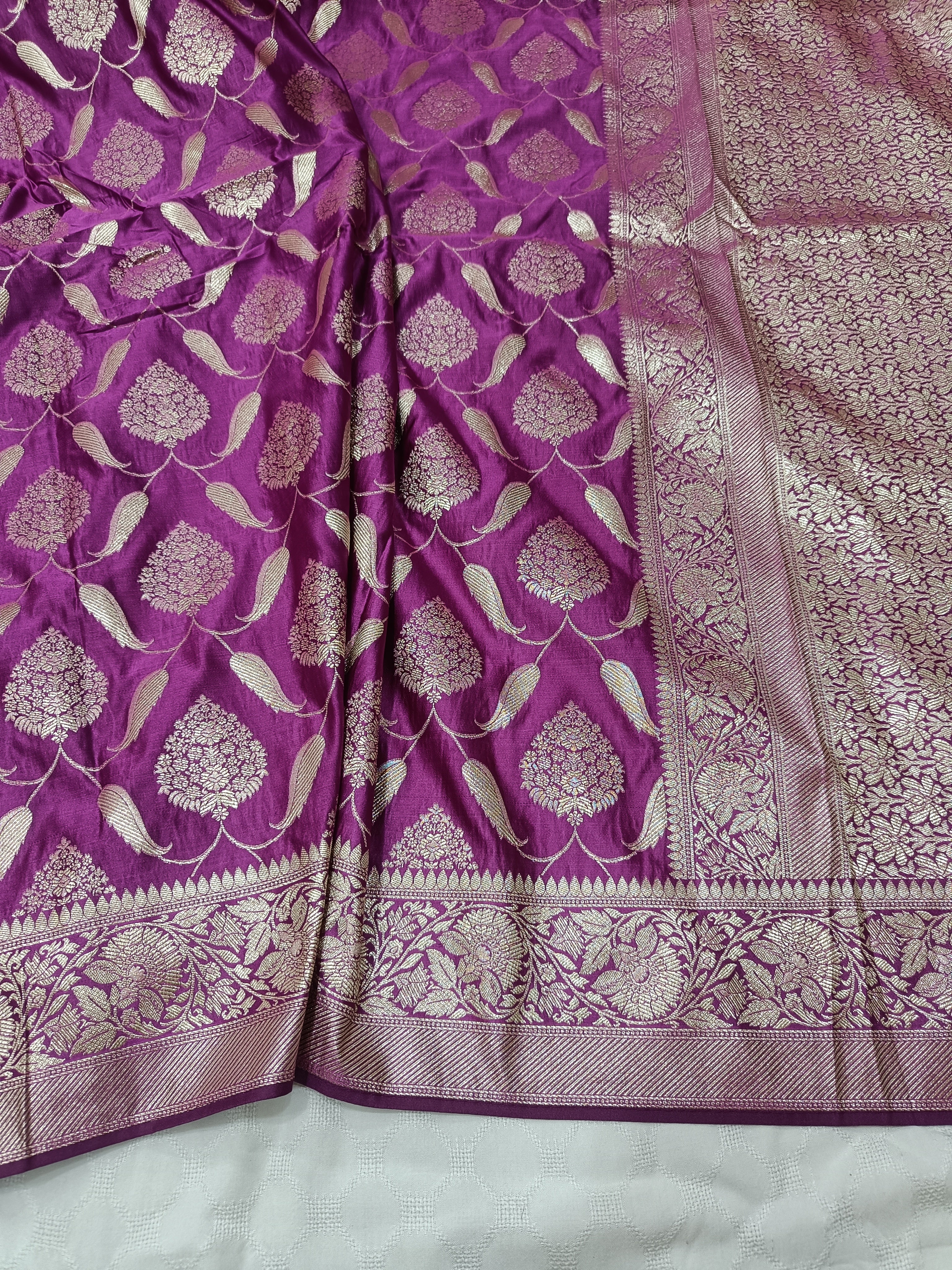 SP211 - Regal Purple Floral Vine Banarasi Satin Silk Saree