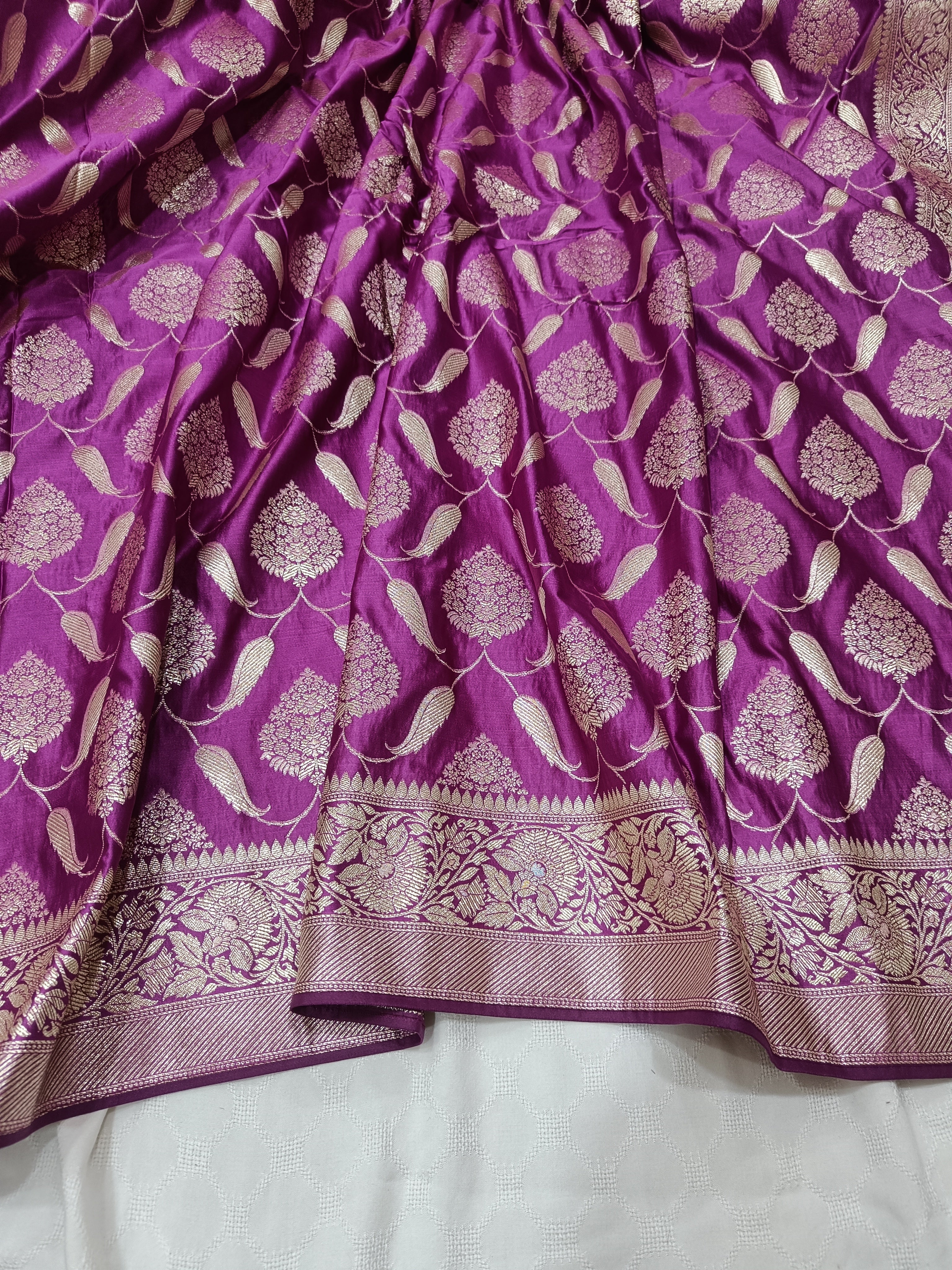 SP211 - Regal Purple Floral Vine Banarasi Satin Silk Saree