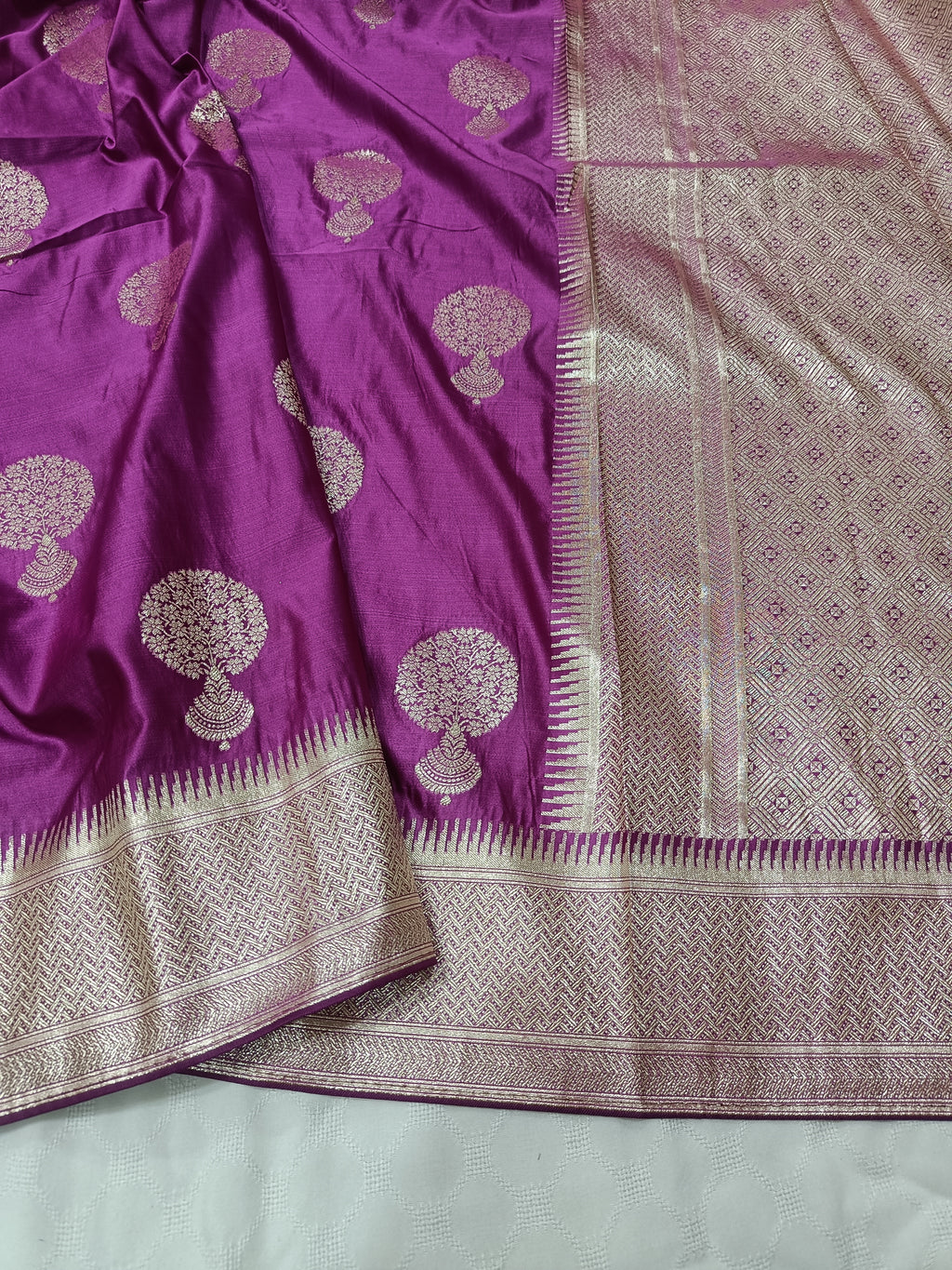 SP213 - Deep Purple Zari Tree Motif Banarasi Satin Silk Saree