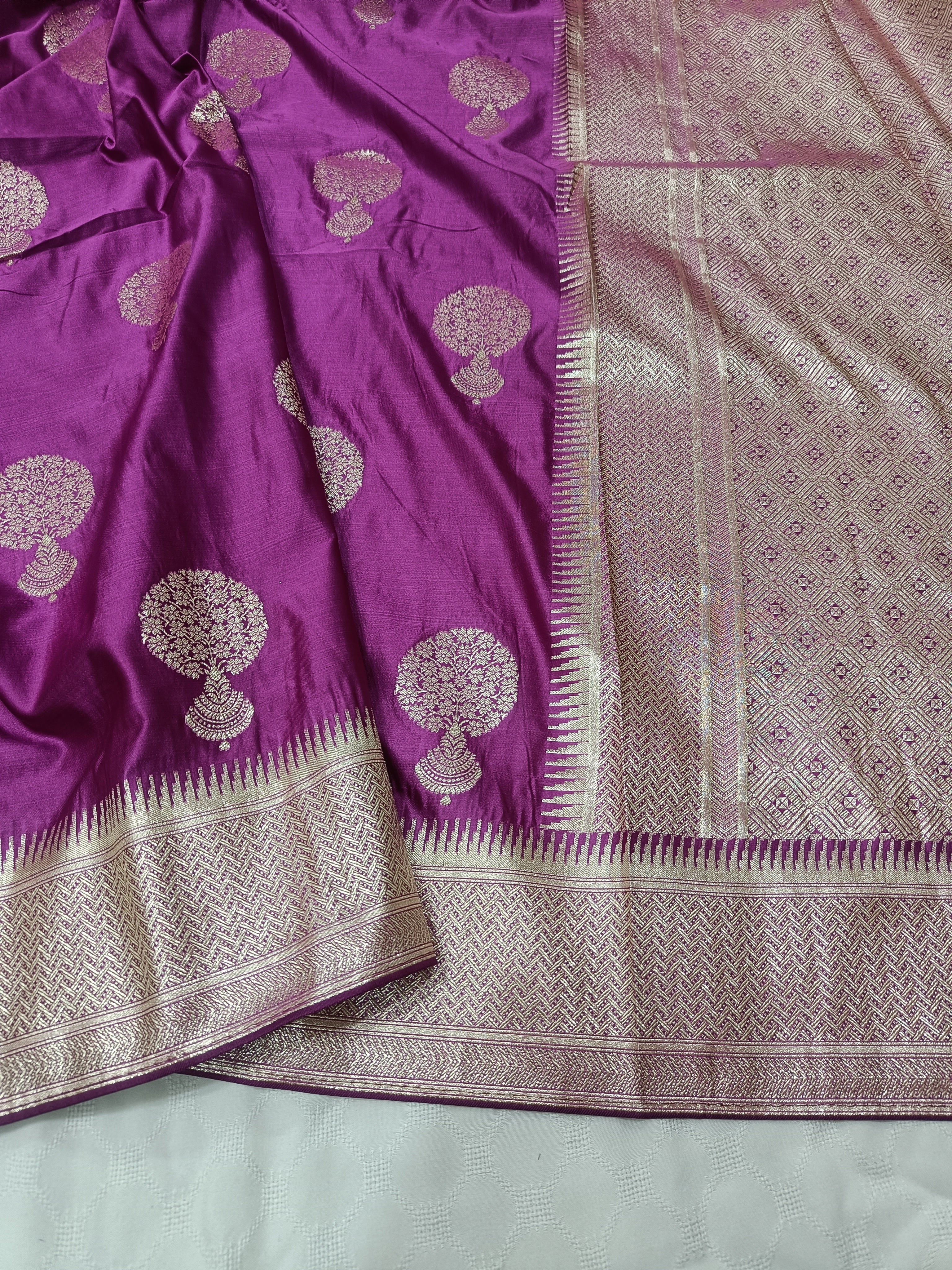 SP213 - Deep Purple Zari Tree Motif Banarasi Satin Silk Saree