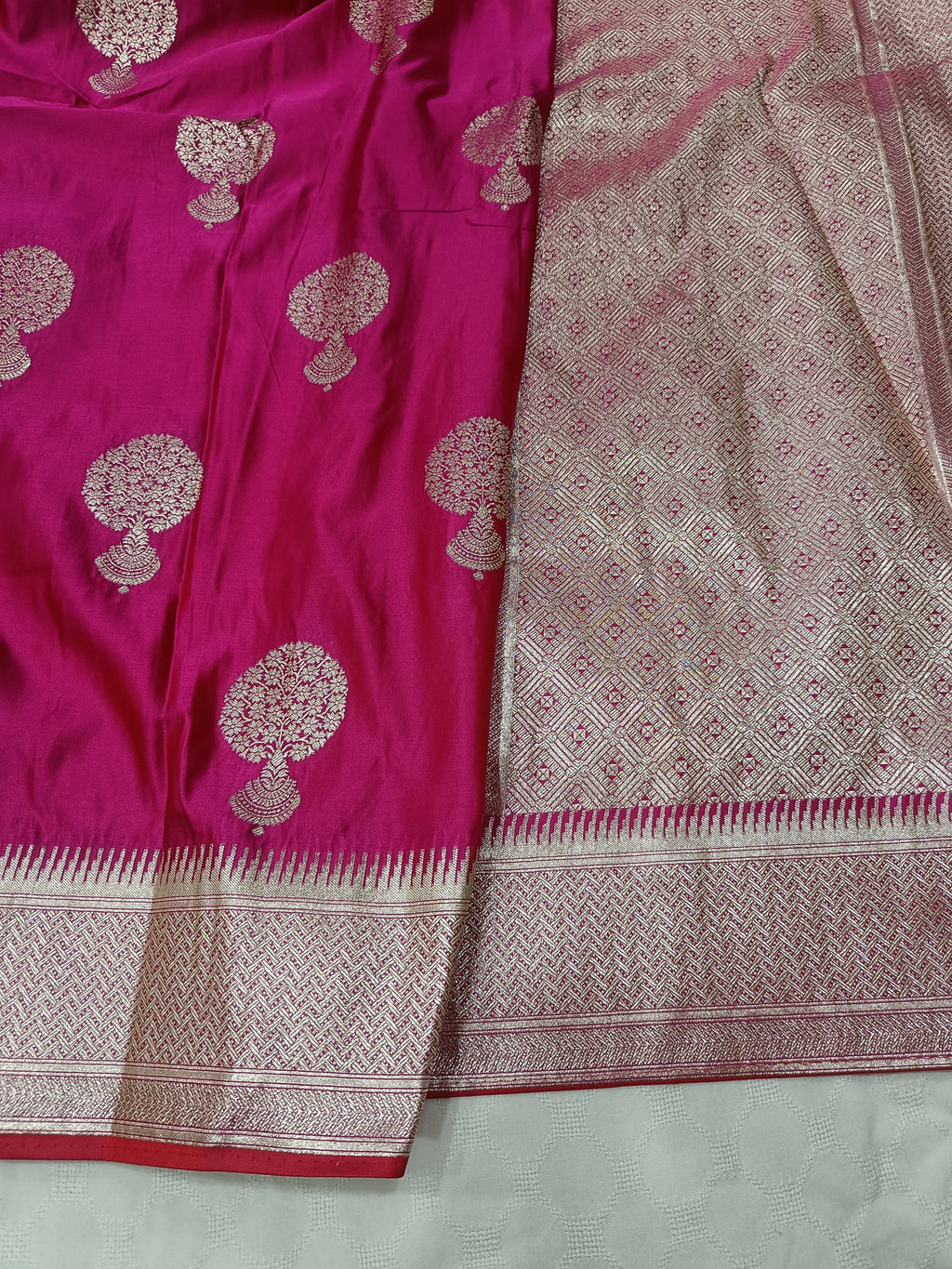 SP214 - Vibrant Magenta Tree Motif Banarasi Satin Silk Saree