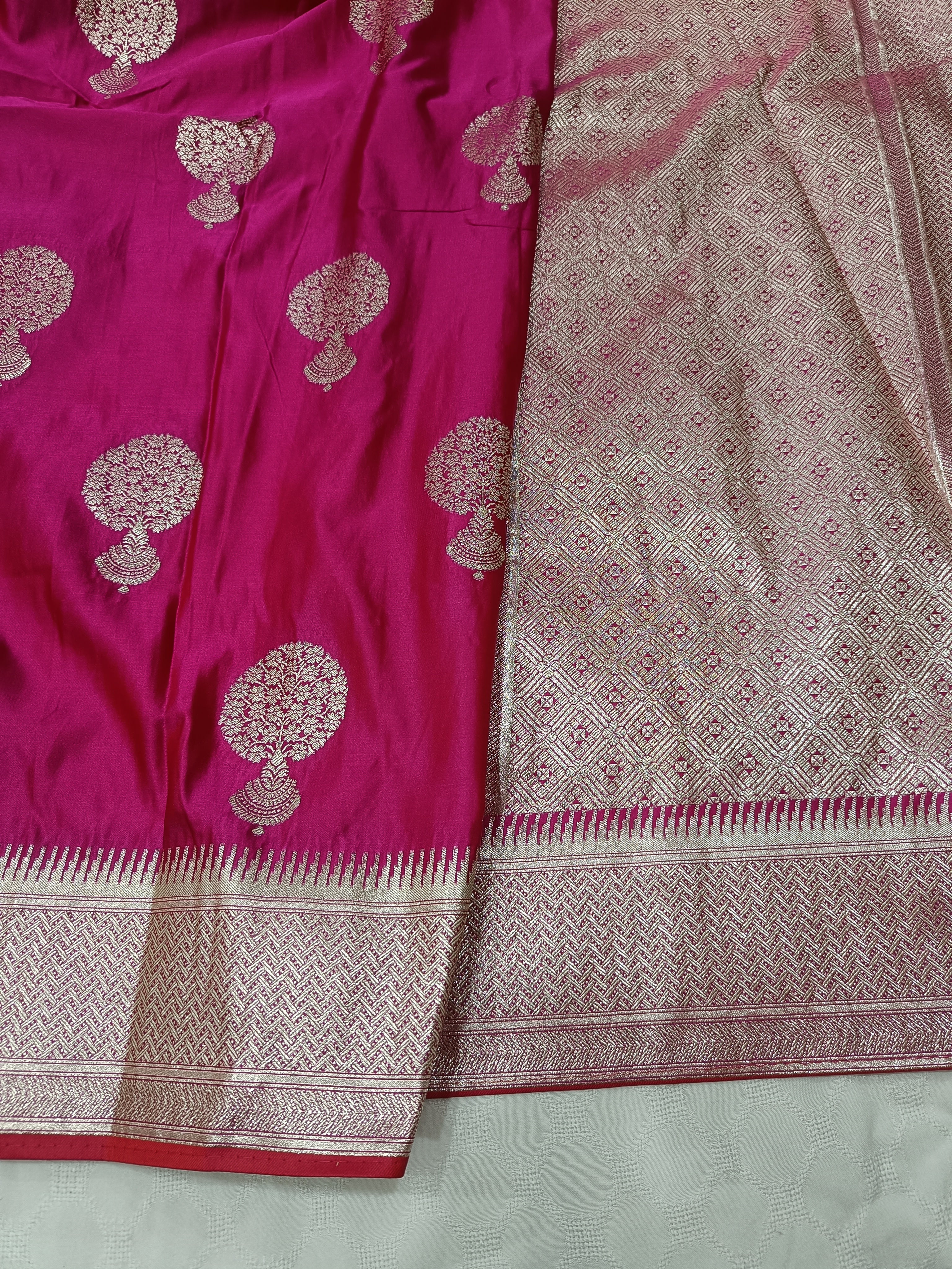 SP214 - Vibrant Magenta Tree Motif Banarasi Satin Silk Saree