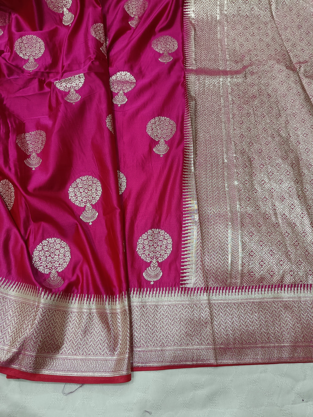 SP214 - Vibrant Magenta Tree Motif Banarasi Satin Silk Saree