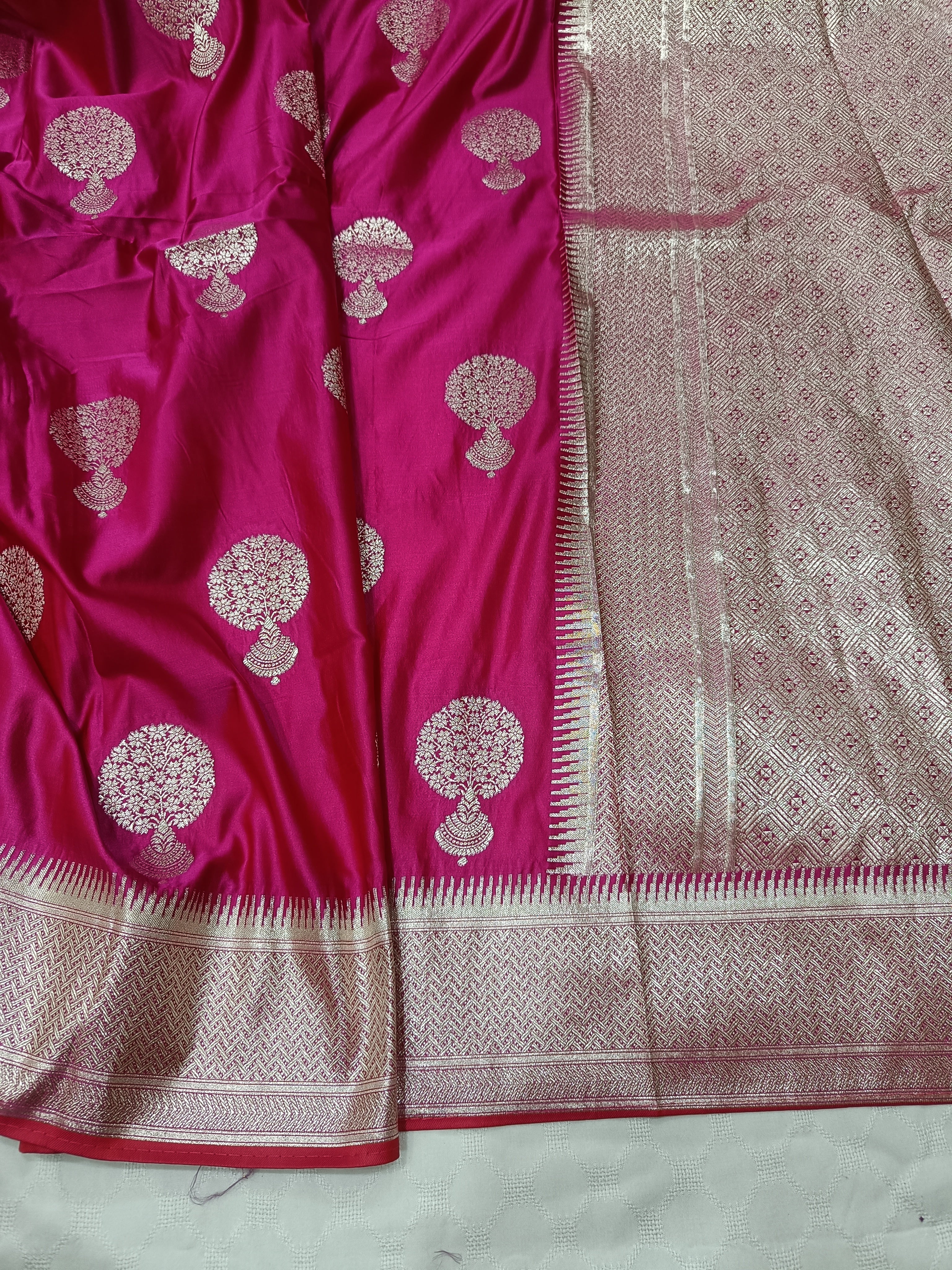 SP214 - Vibrant Magenta Tree Motif Banarasi Satin Silk Saree