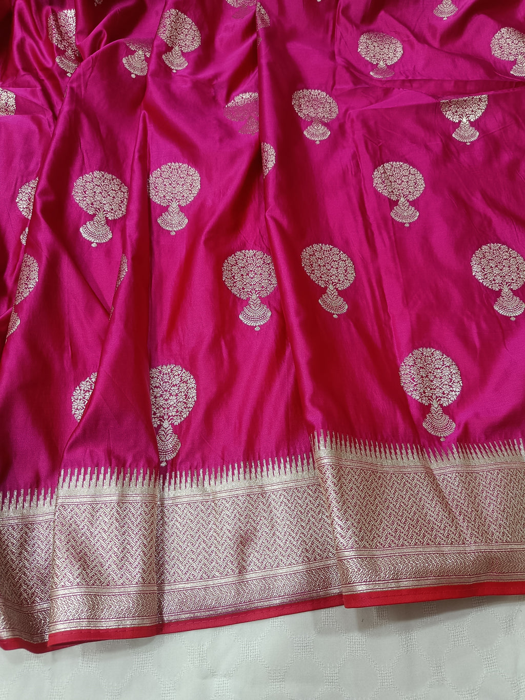 SP214 - Vibrant Magenta Tree Motif Banarasi Satin Silk Saree