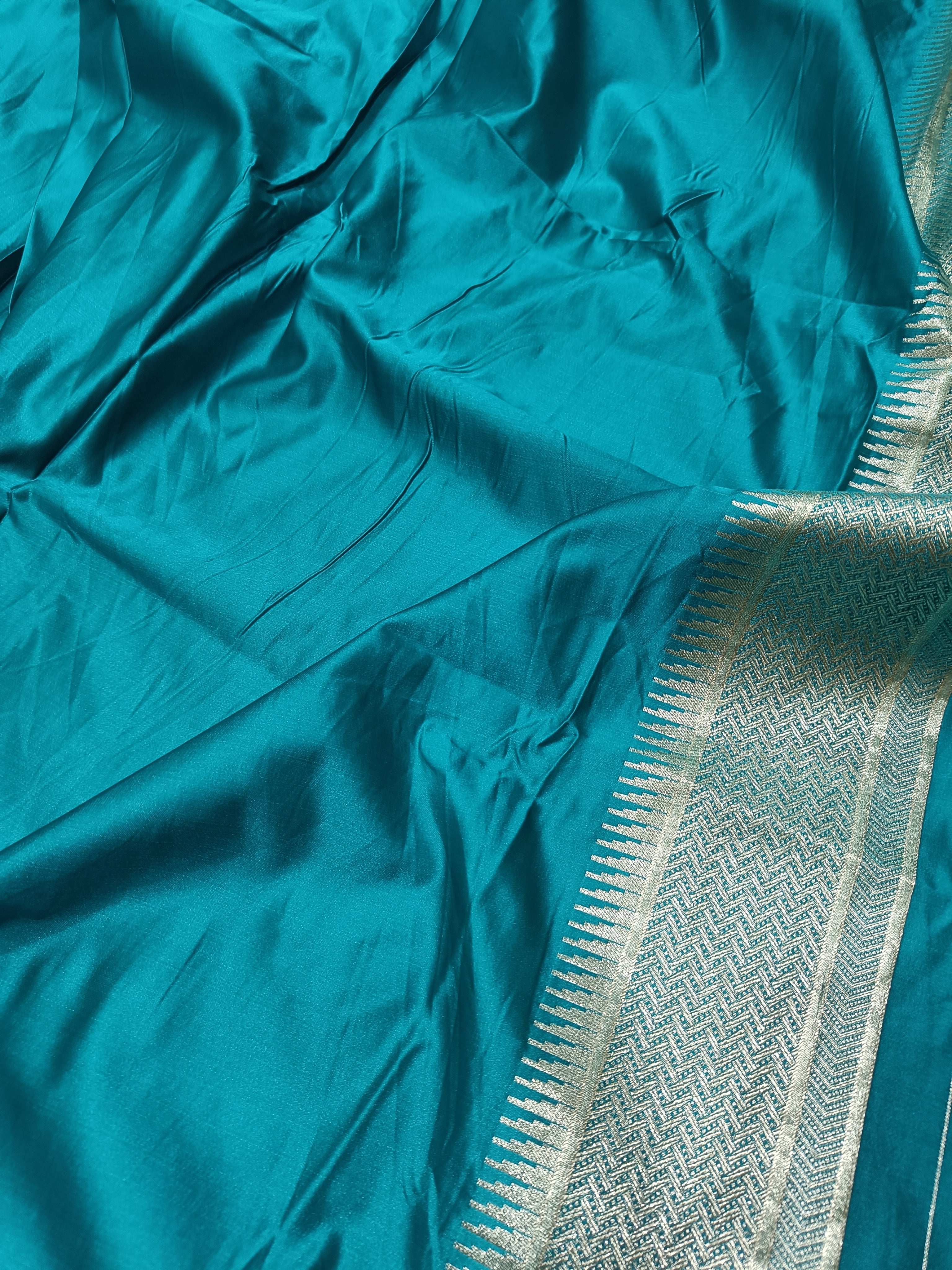 SP216 - Peacock Blue Tree Motif Banarasi Satin Silk Saree