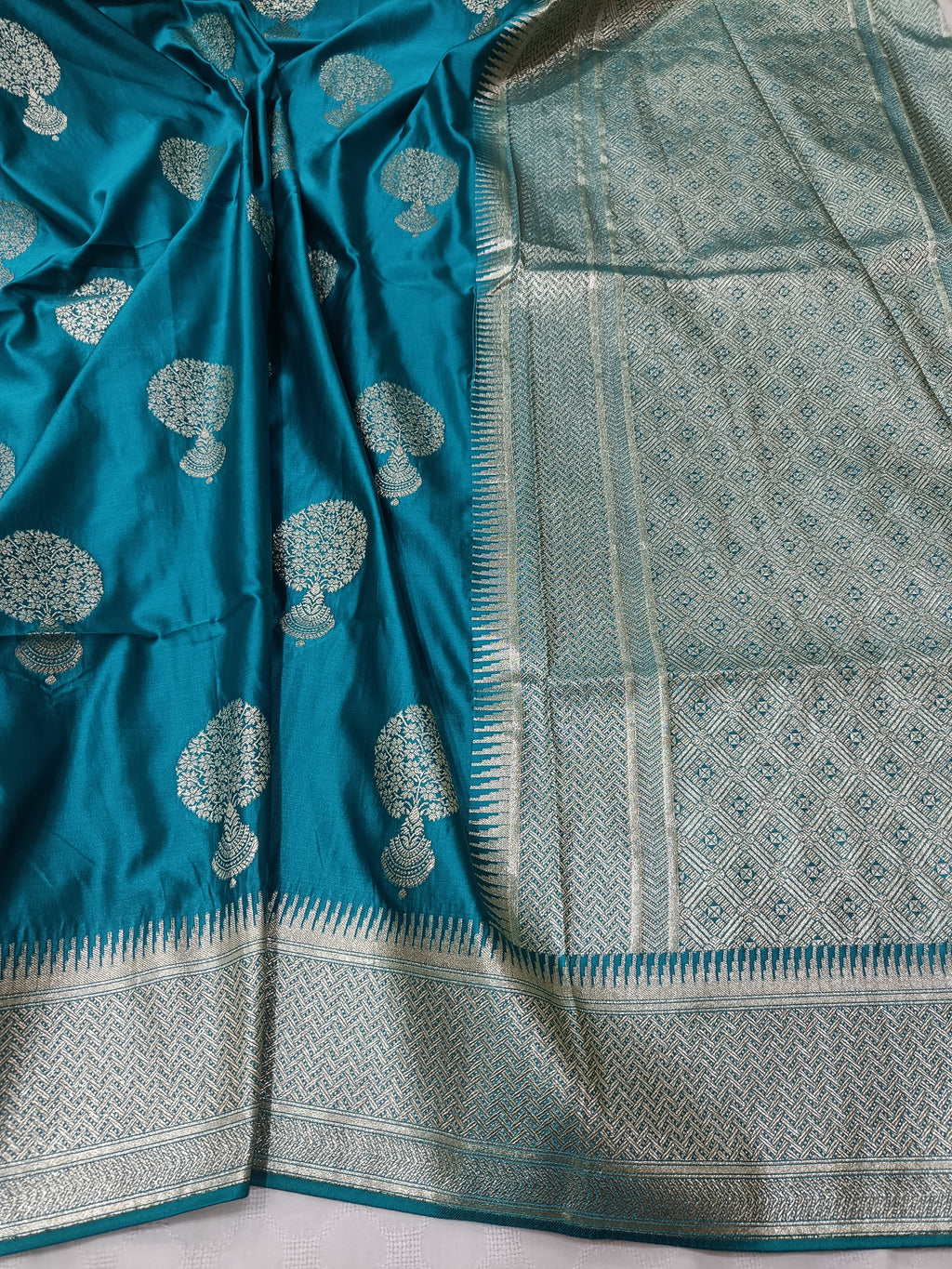 SP216 - Peacock Blue Tree Motif Banarasi Satin Silk Saree