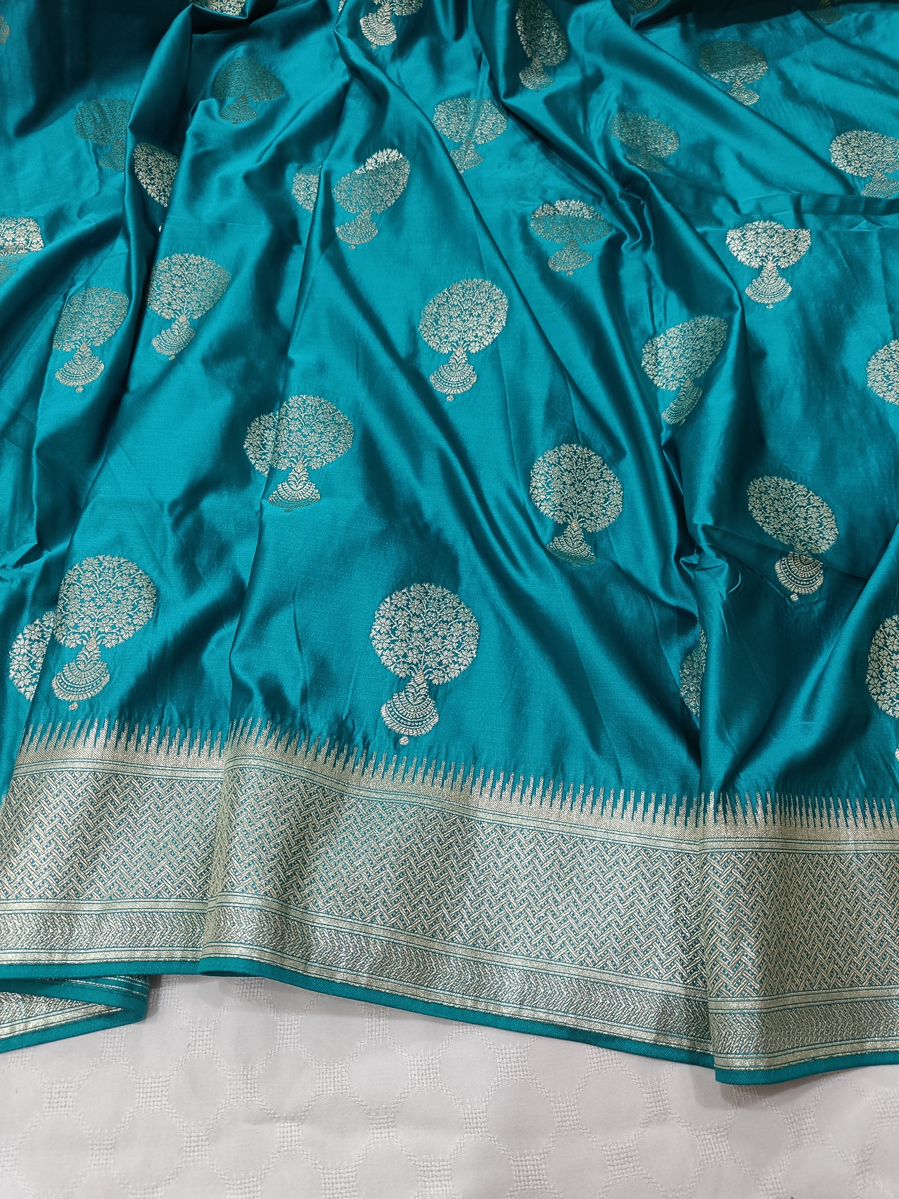 SP216 - Peacock Blue Tree Motif Banarasi Satin Silk Saree