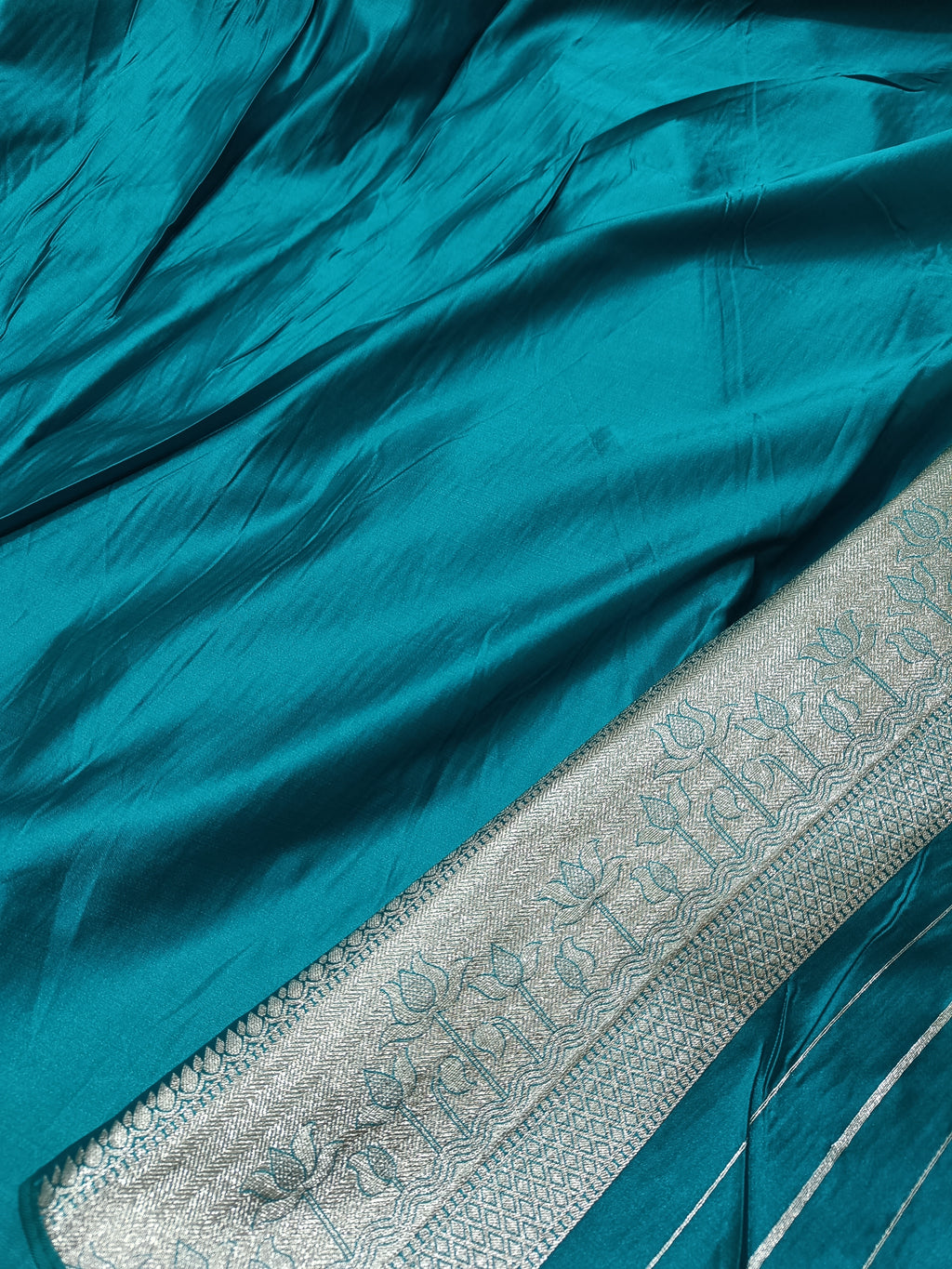 SP219 - Teal Blue Wavy Chevron Banarasi Satin Silk Saree