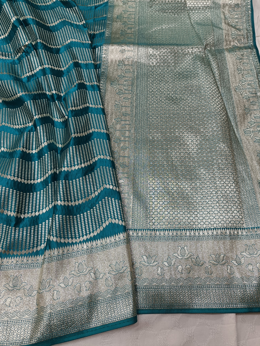 SP219 - Teal Blue Wavy Chevron Banarasi Satin Silk Saree