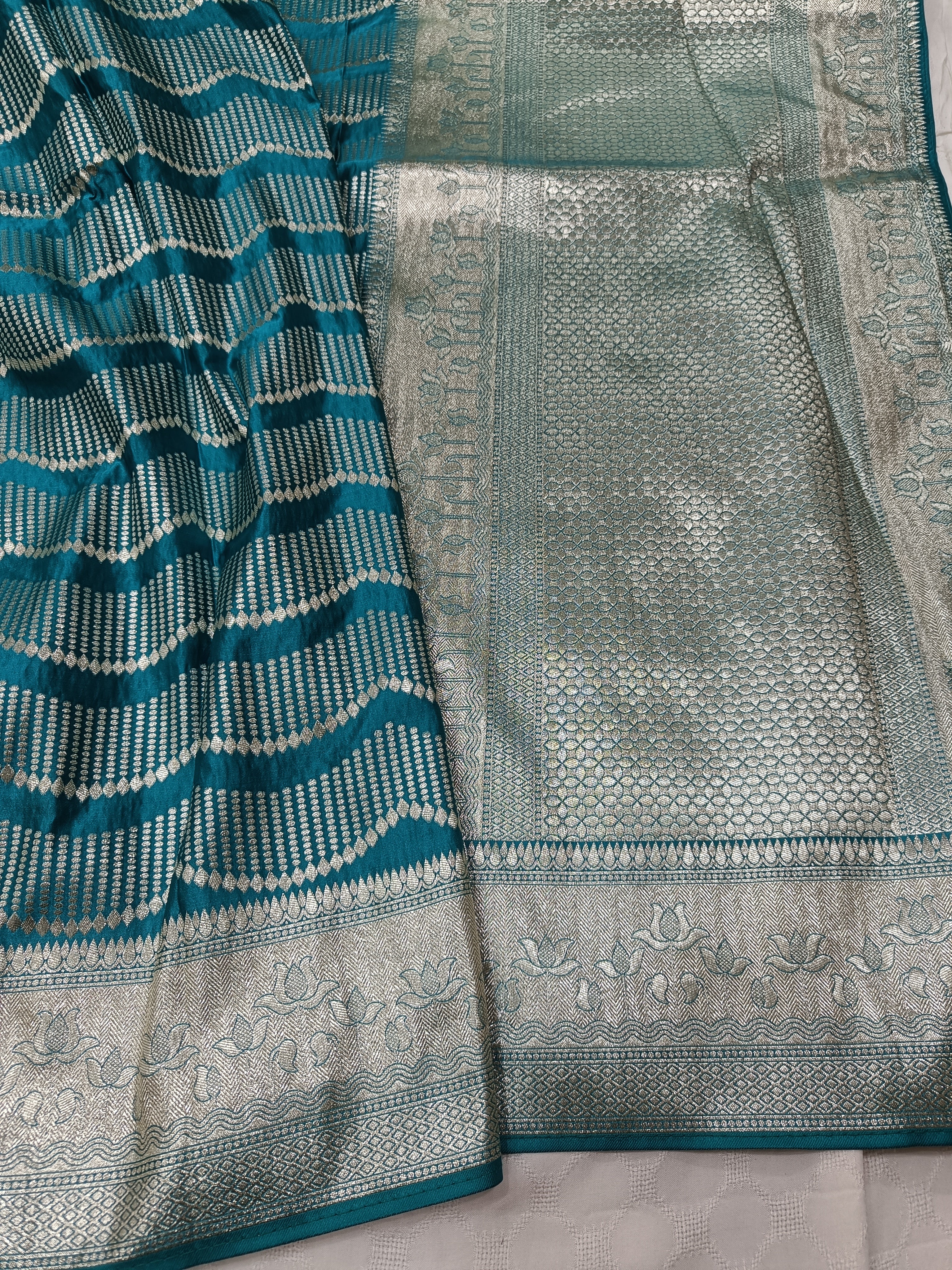 SP219 - Teal Blue Wavy Chevron Banarasi Satin Silk Saree