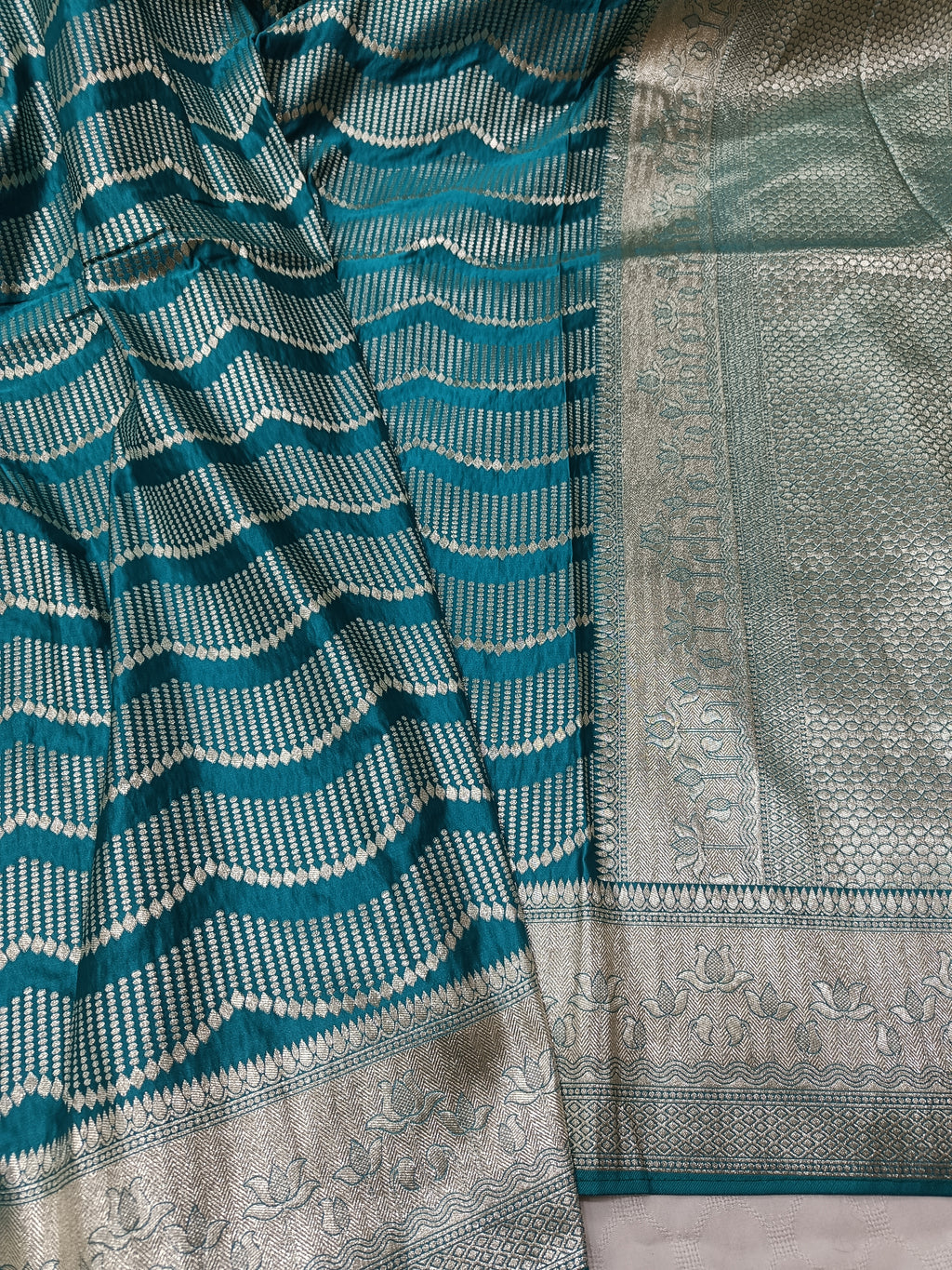 SP219 - Teal Blue Wavy Chevron Banarasi Satin Silk Saree