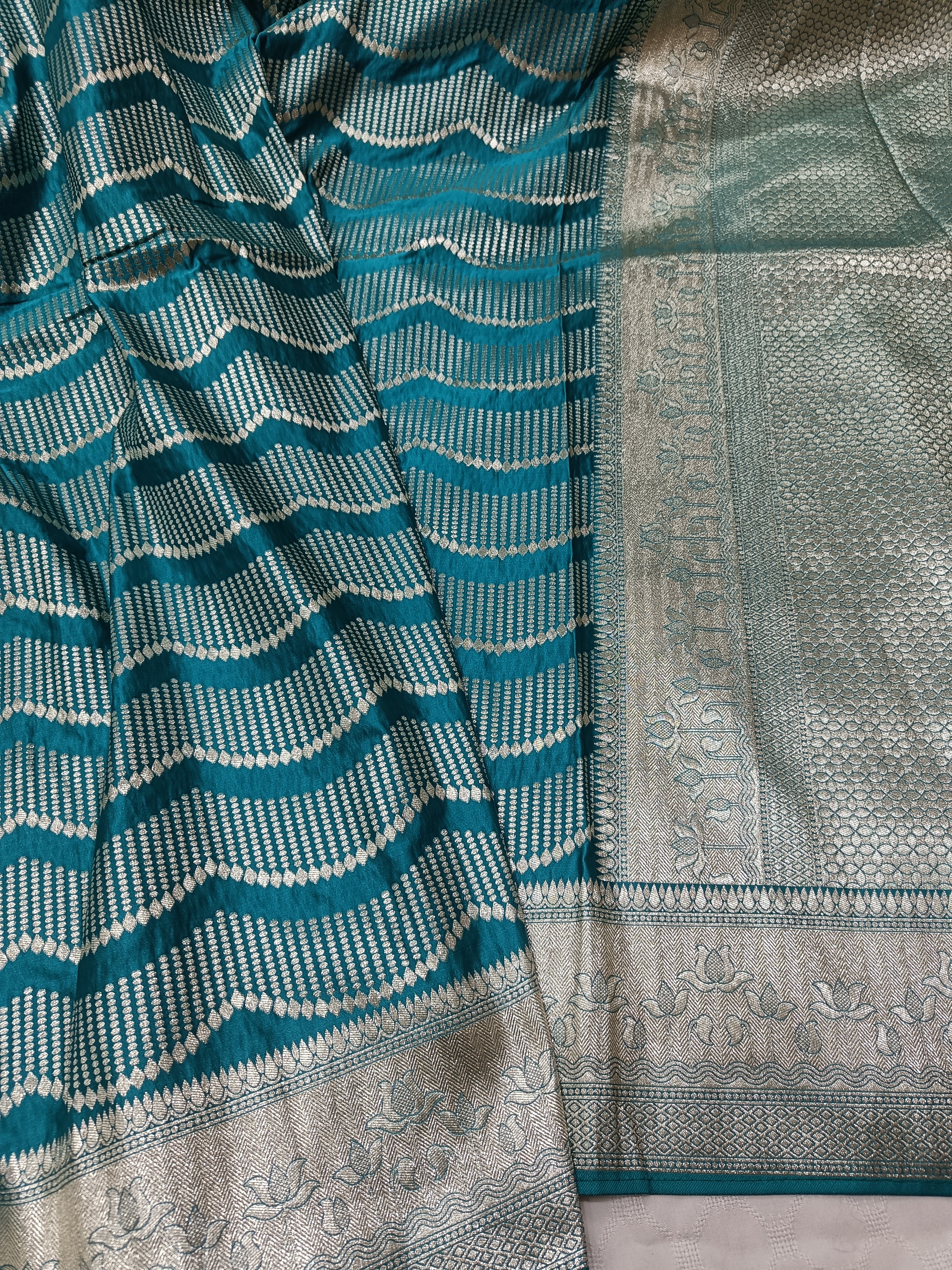SP219 - Teal Blue Wavy Chevron Banarasi Satin Silk Saree