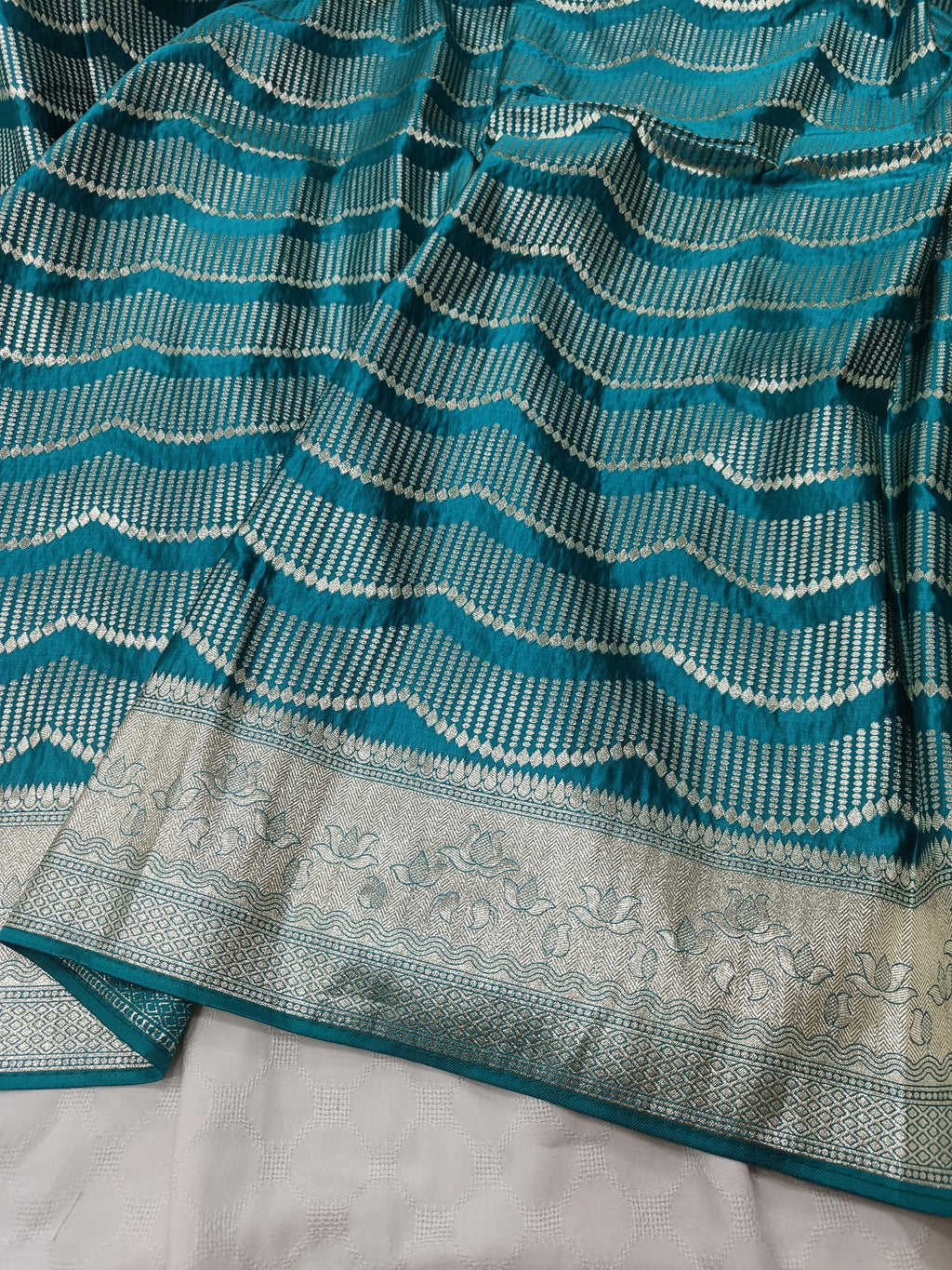 SP219 - Teal Blue Wavy Chevron Banarasi Satin Silk Saree