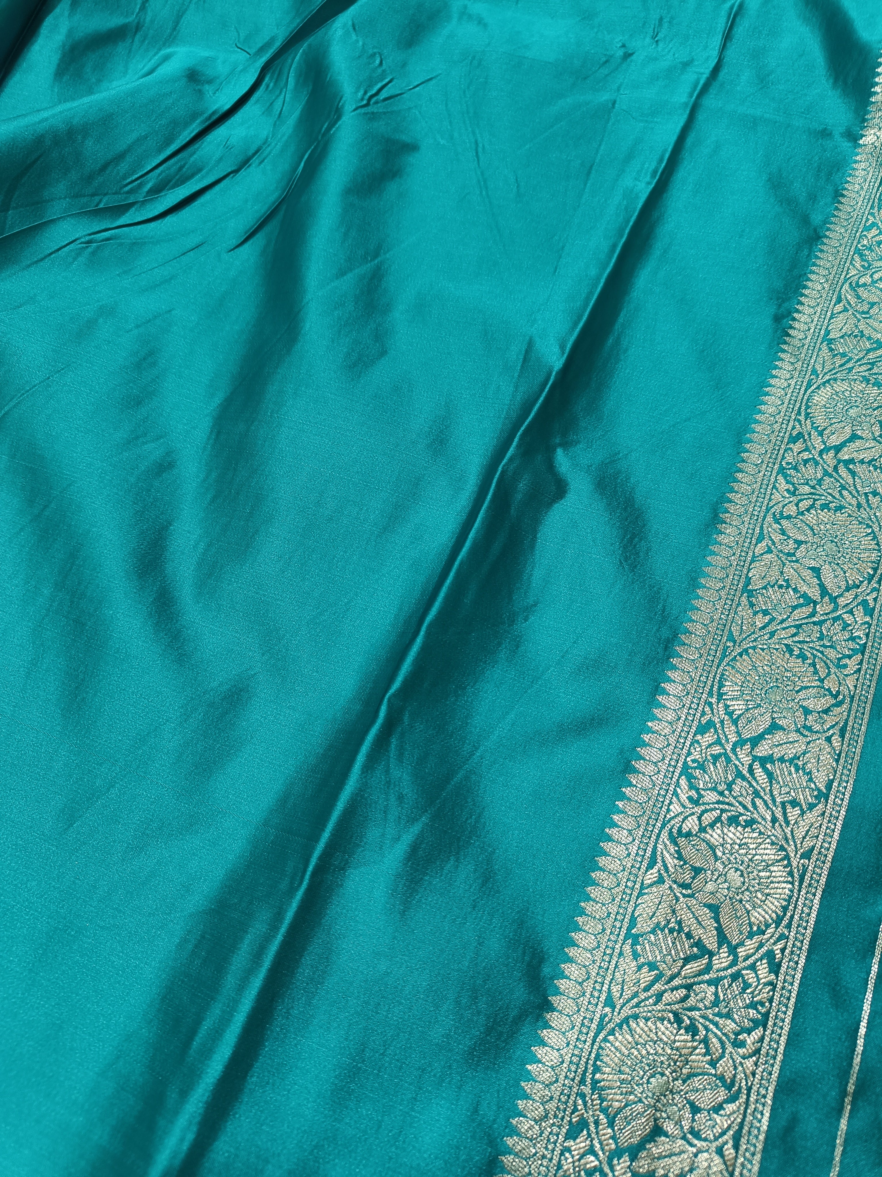 SP220 - Teal Blue Floral Vine Banarasi Satin Silk Saree