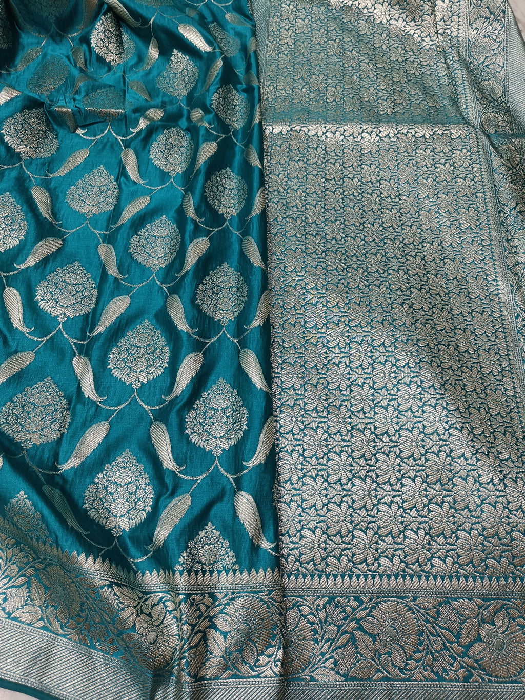 SP220 - Teal Blue Floral Vine Banarasi Satin Silk Saree