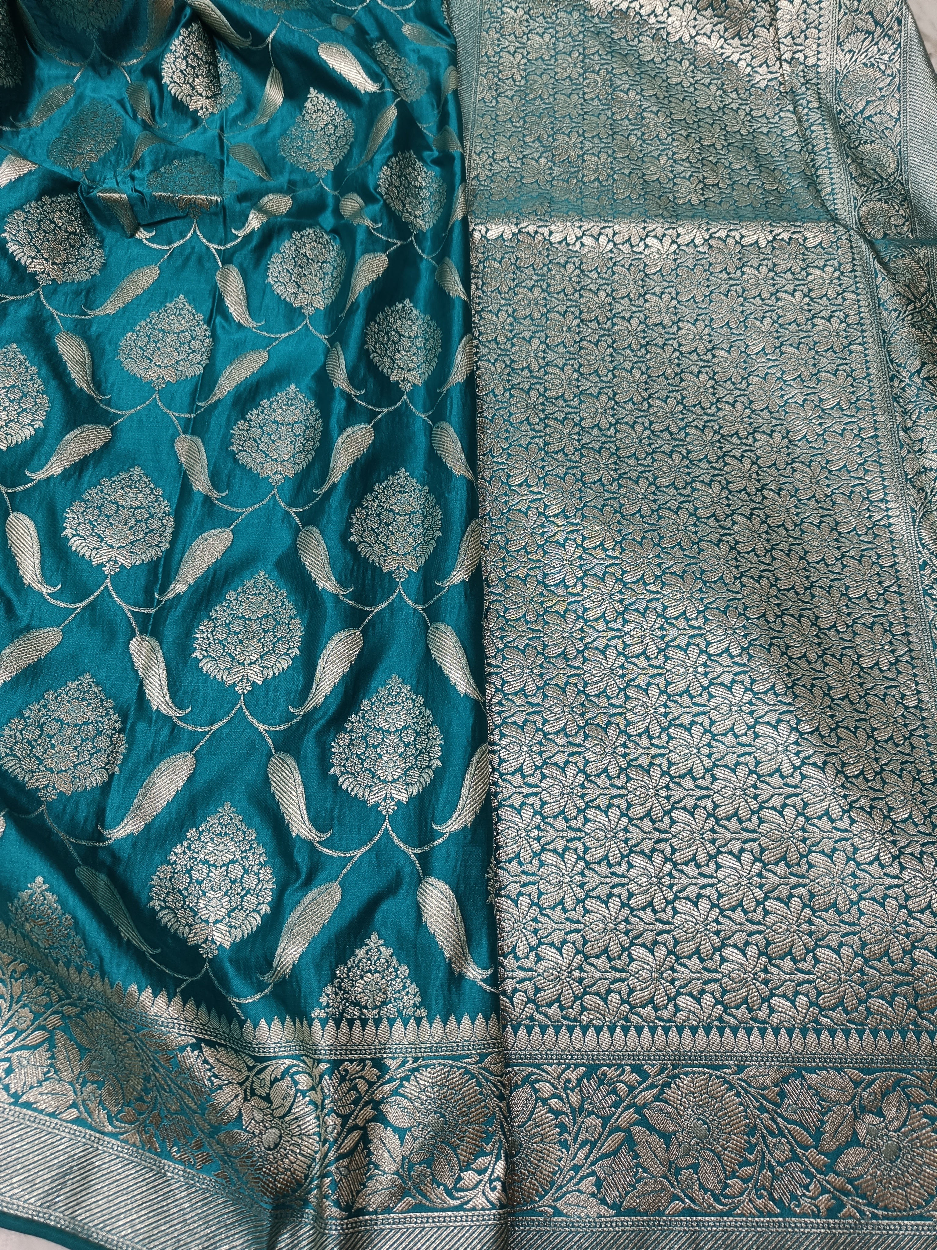 SP220 - Teal Blue Floral Vine Banarasi Satin Silk Saree
