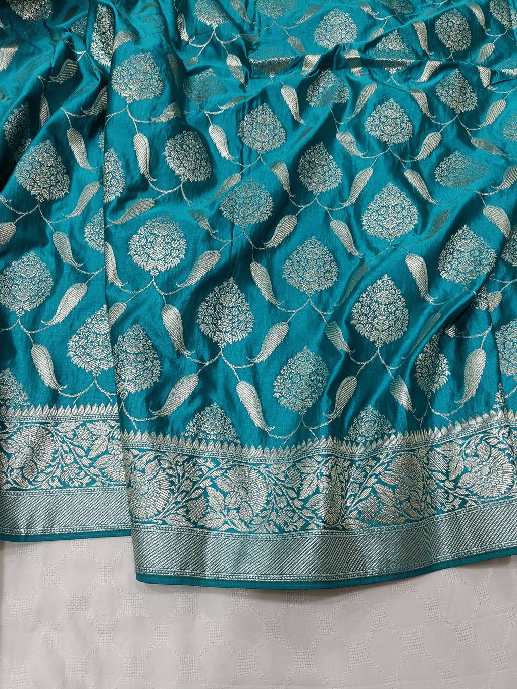 SP220 - Teal Blue Floral Vine Banarasi Satin Silk Saree