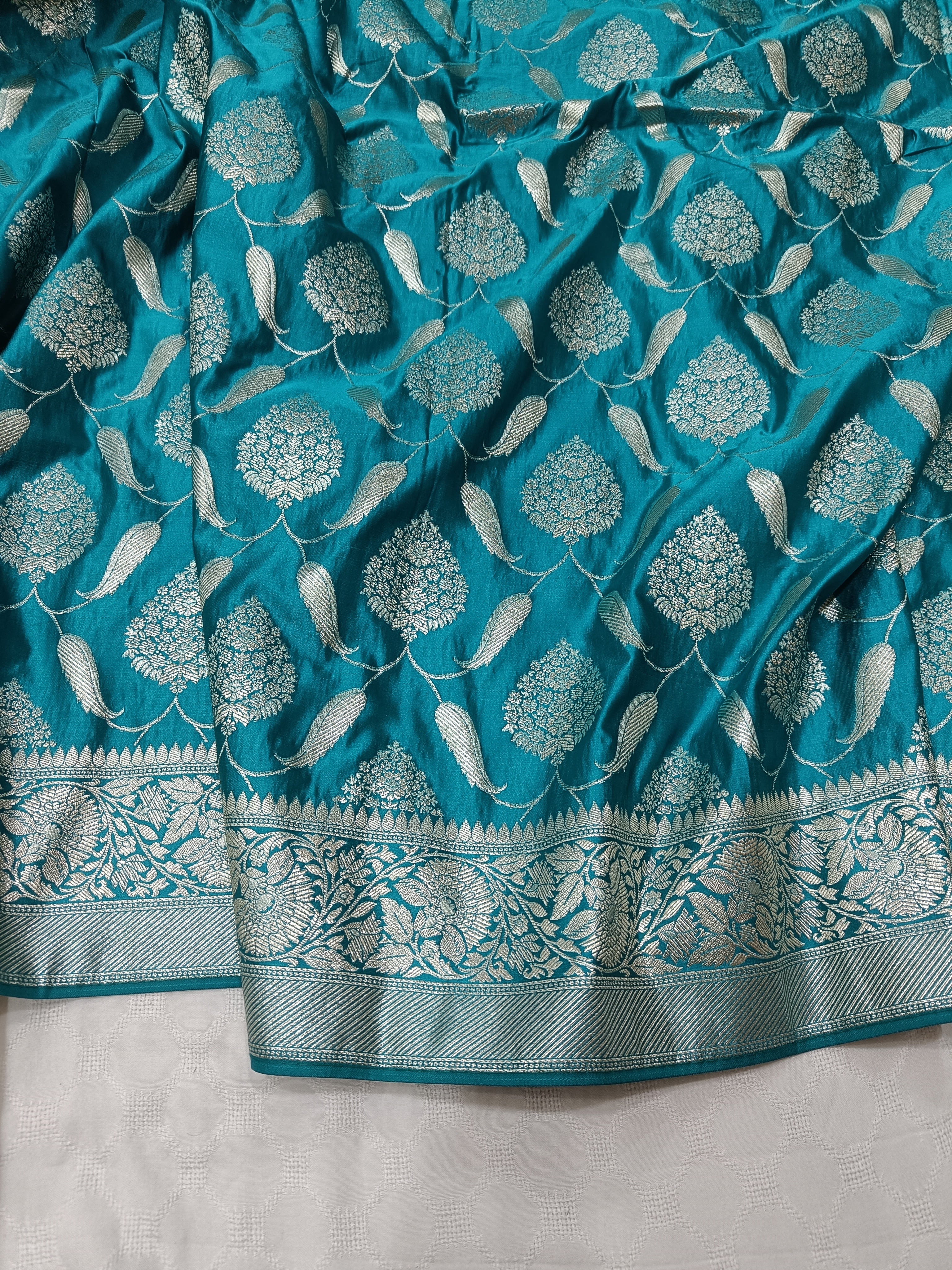 SP220 - Teal Blue Floral Vine Banarasi Satin Silk Saree