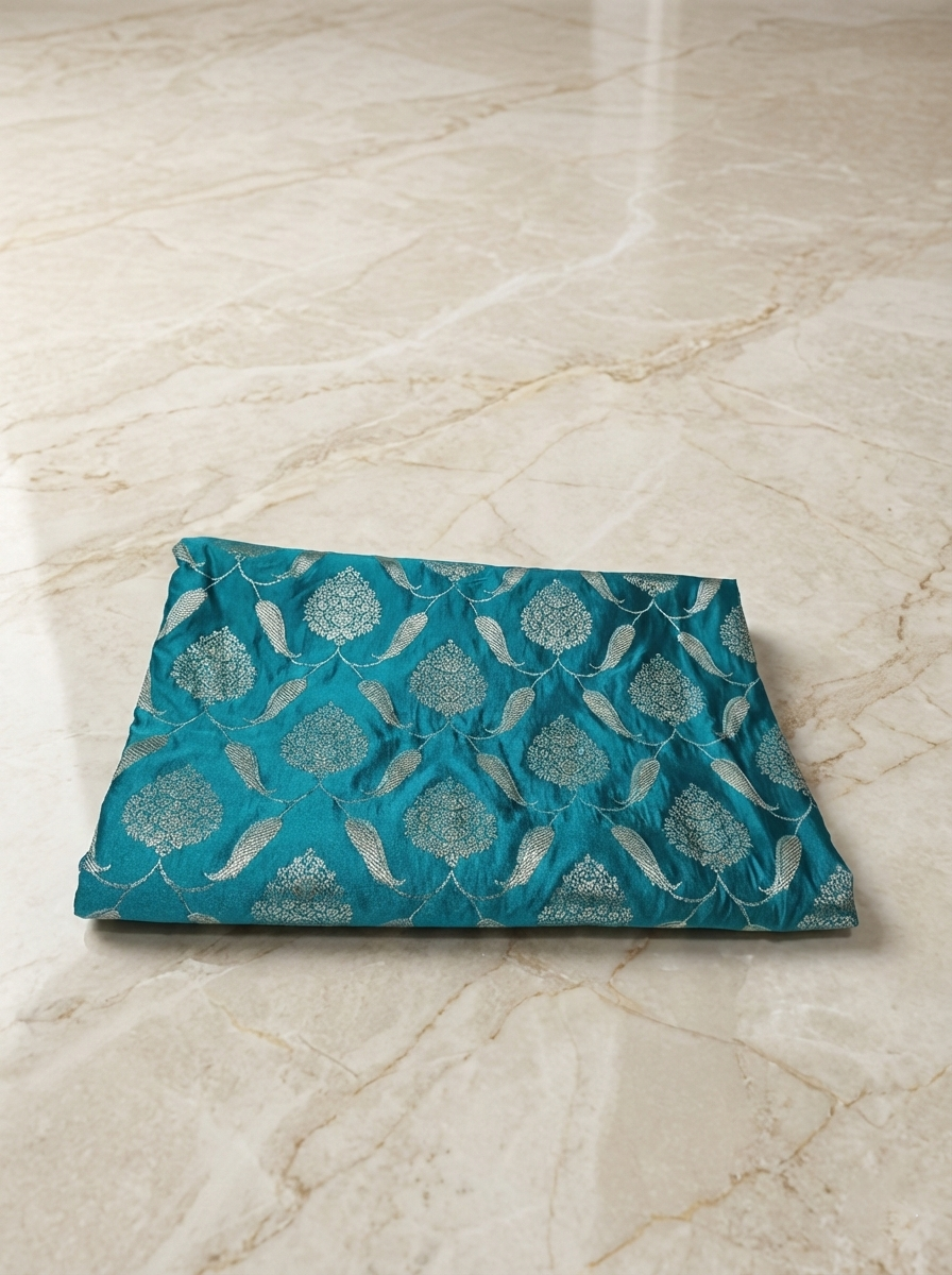 SP220 - Teal Blue Floral Vine Banarasi Satin Silk Saree