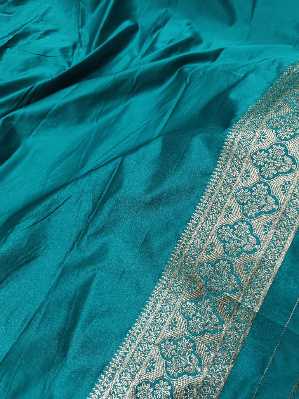 SP231 - Teal Blue Zari Tree Motif Banarasi Satin Silk Saree