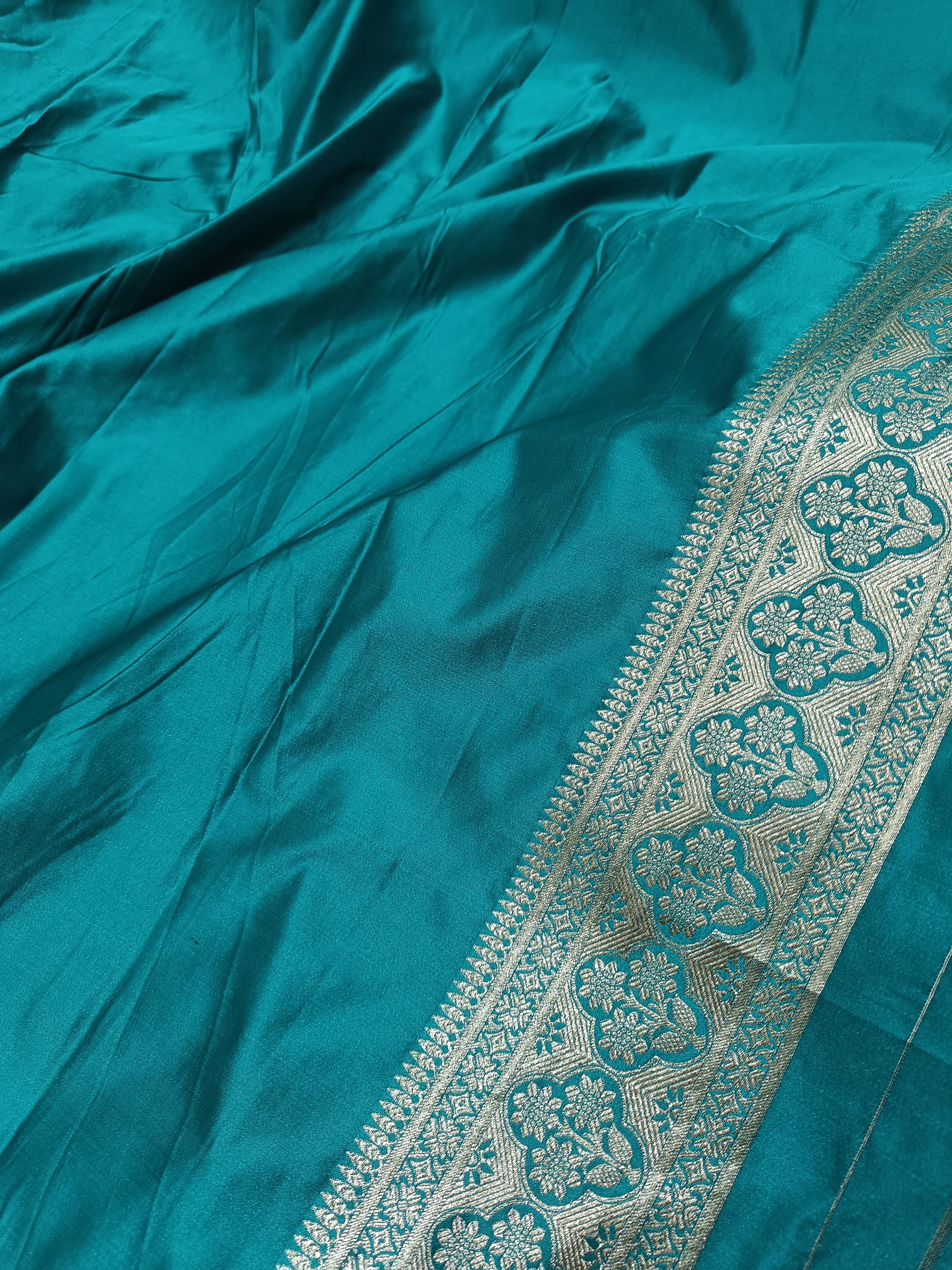 SP231 - Teal Blue Zari Tree Motif Banarasi Satin Silk Saree