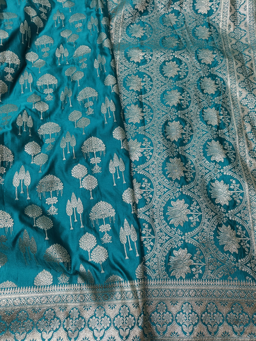 SP231 - Teal Blue Zari Tree Motif Banarasi Satin Silk Saree