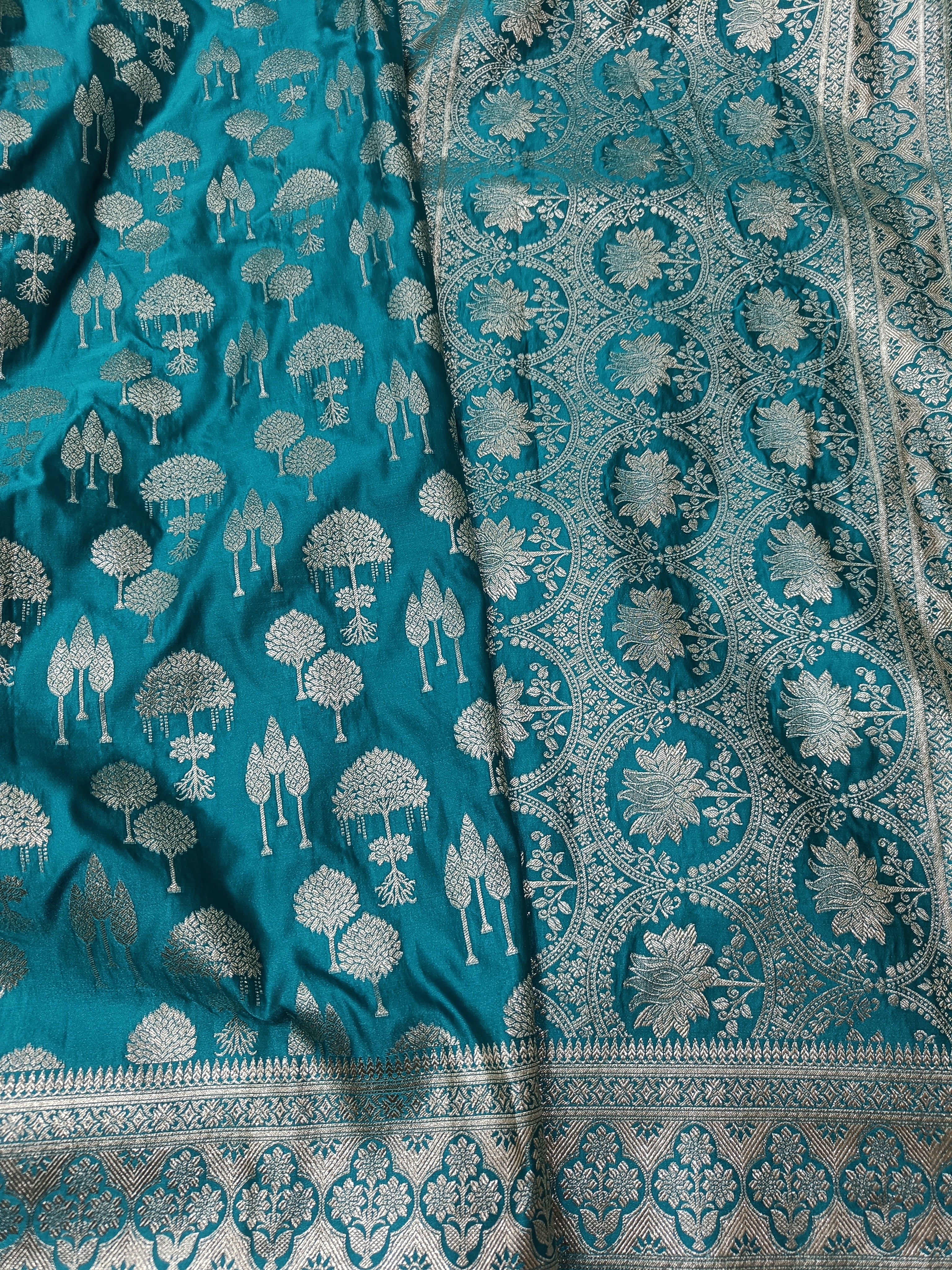 SP231 - Teal Blue Zari Tree Motif Banarasi Satin Silk Saree
