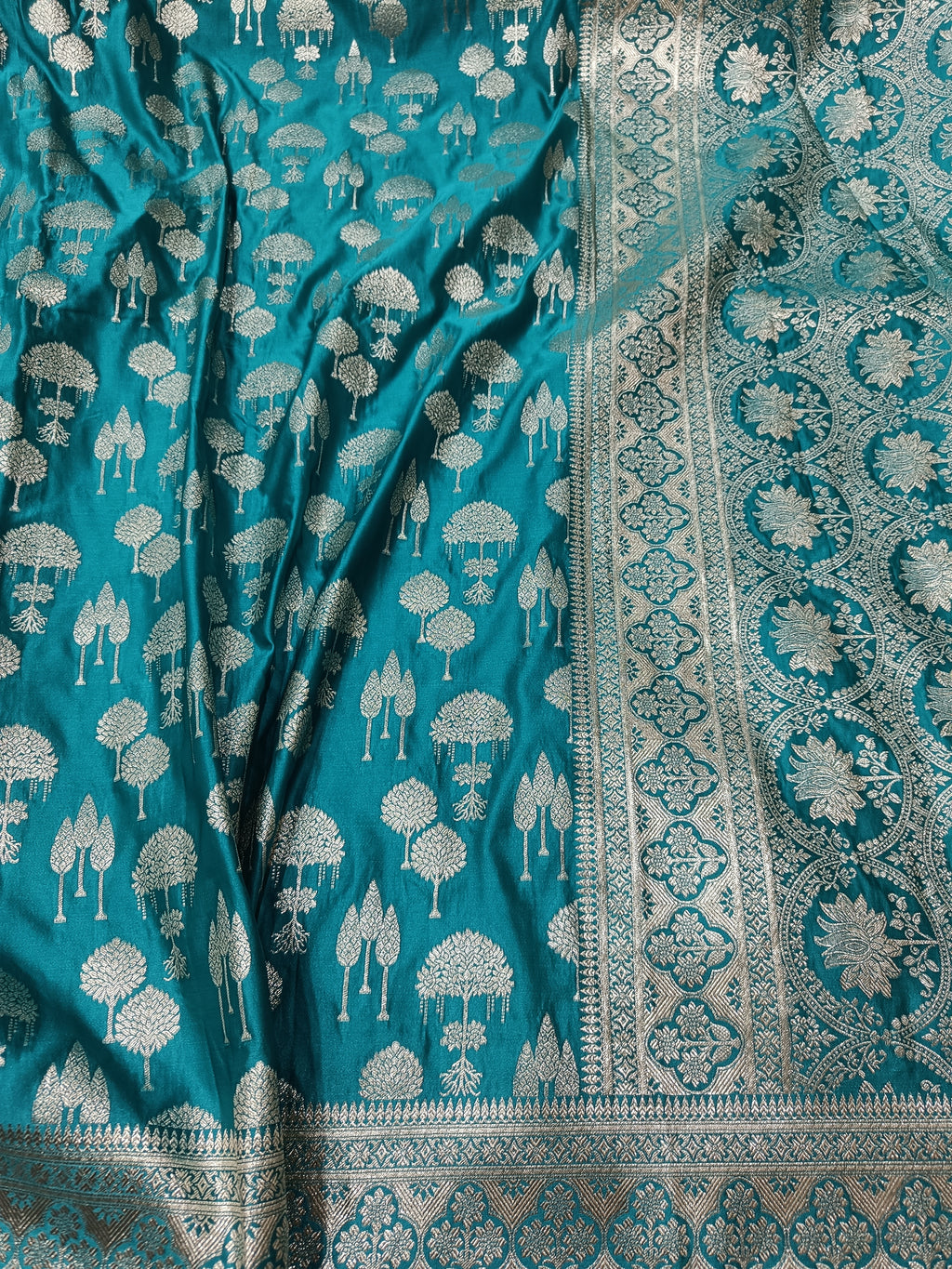 SP231 - Teal Blue Zari Tree Motif Banarasi Satin Silk Saree