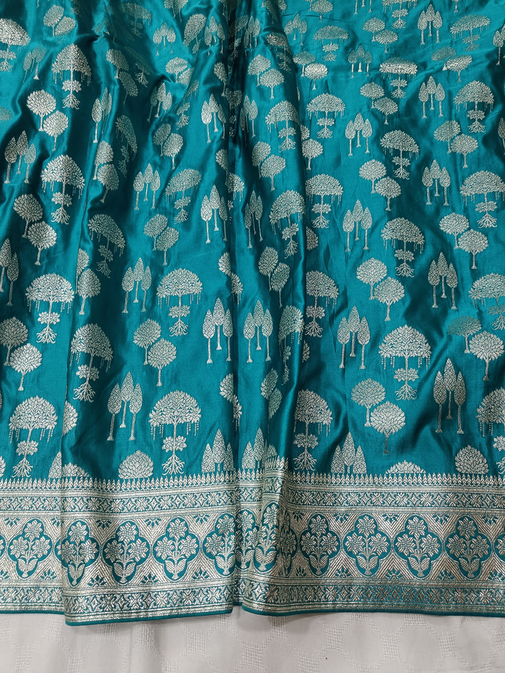 SP231 - Teal Blue Zari Tree Motif Banarasi Satin Silk Saree
