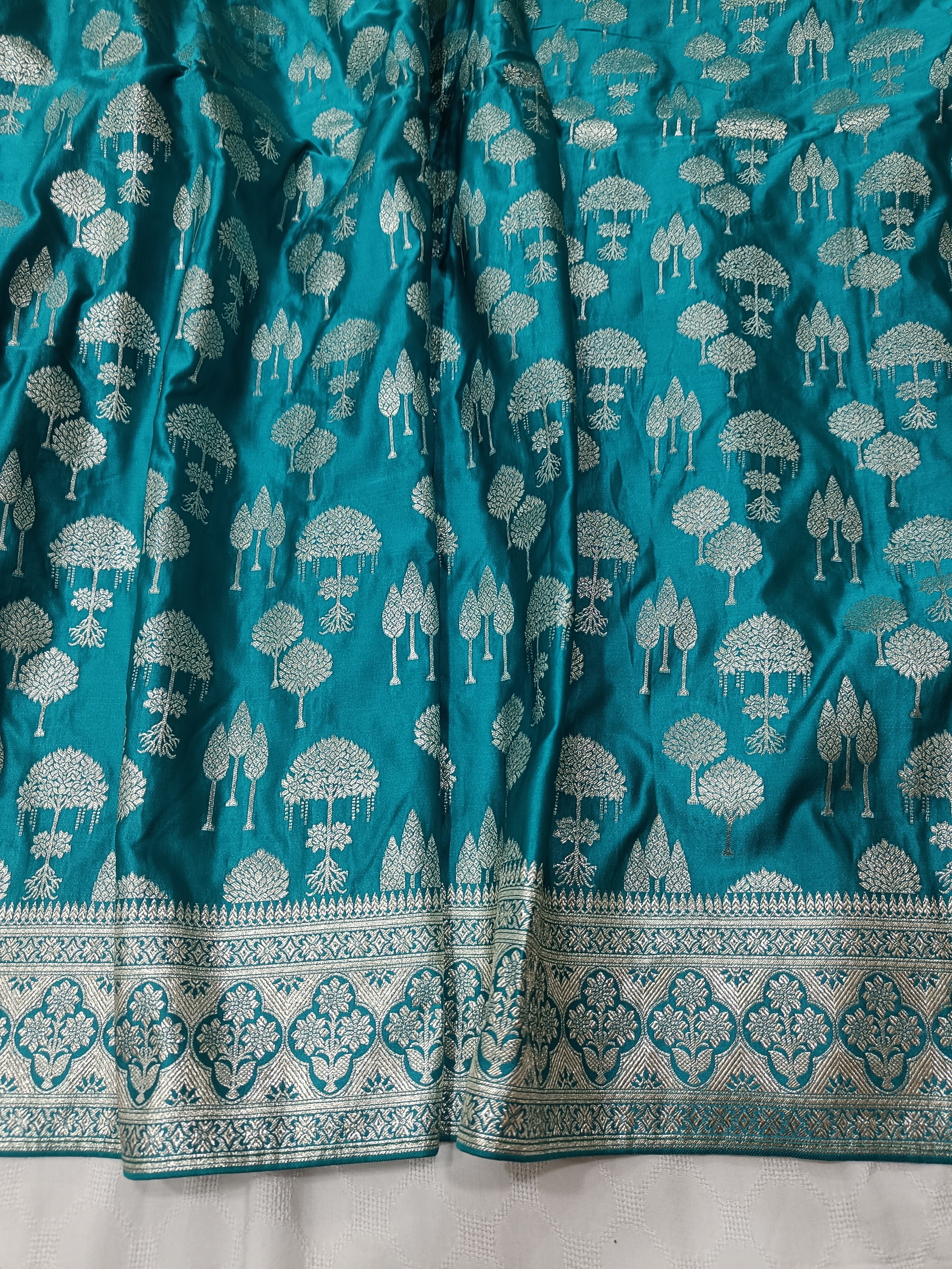 SP231 - Teal Blue Zari Tree Motif Banarasi Satin Silk Saree